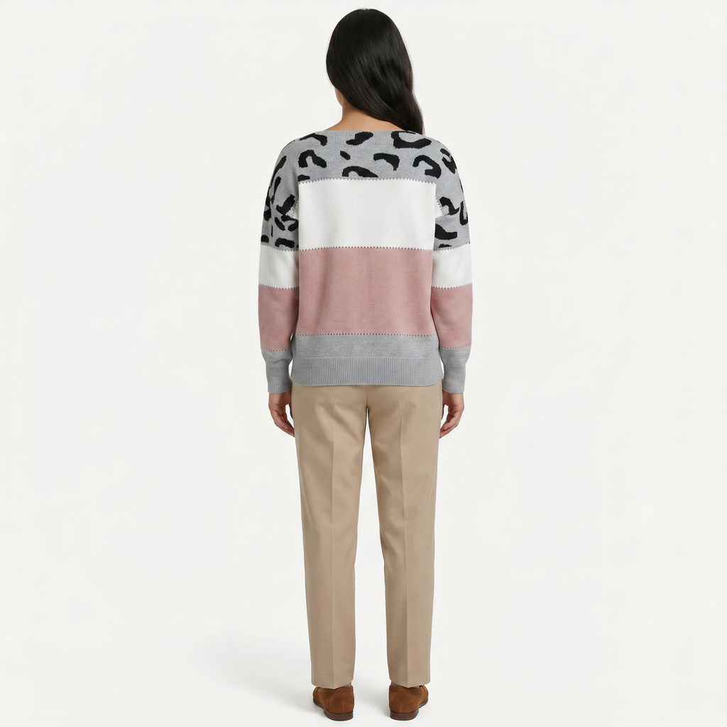 Women's Leopard Print Colour Block Knit Sweater - Crew Neck Pullover Jumper