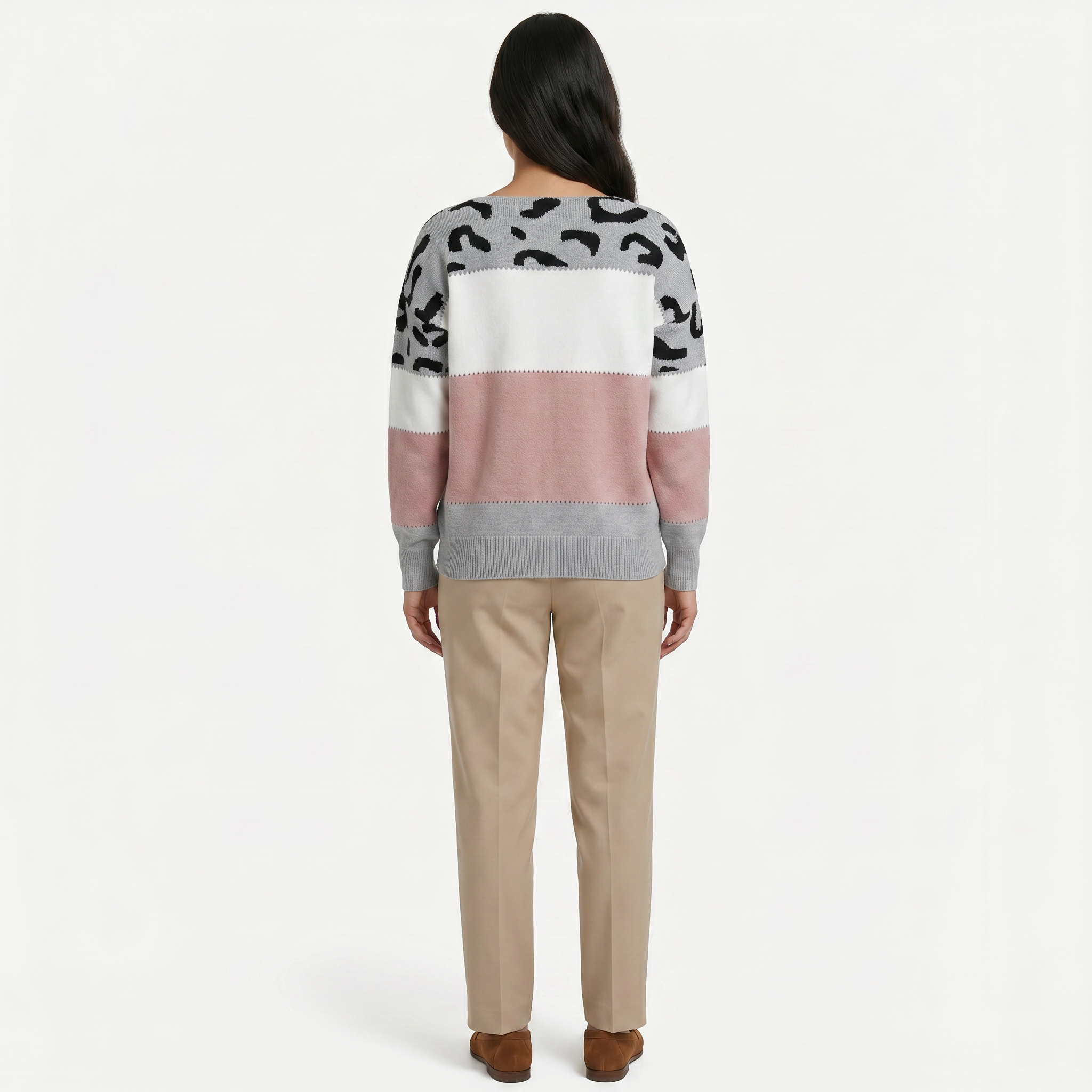 Women's Leopard Print Colour Block Knit Sweater - Crew Neck Pullover Jumper