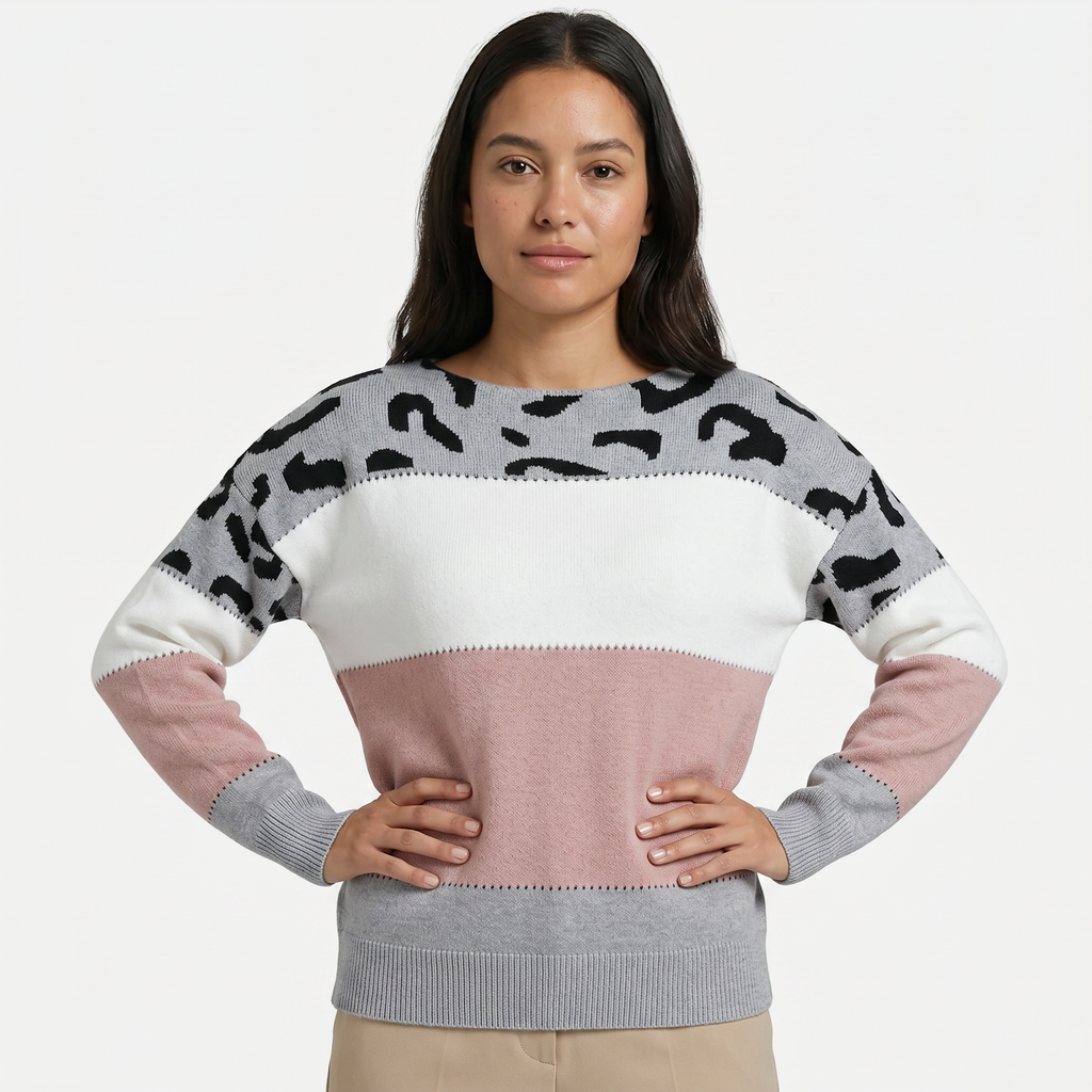 Women's Leopard Print Colour Block Knit Sweater - Crew Neck Pullover Jumper