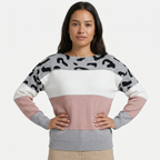 Women's Leopard Print Colour Block Knit Sweater - Crew Neck Pullover Jumper