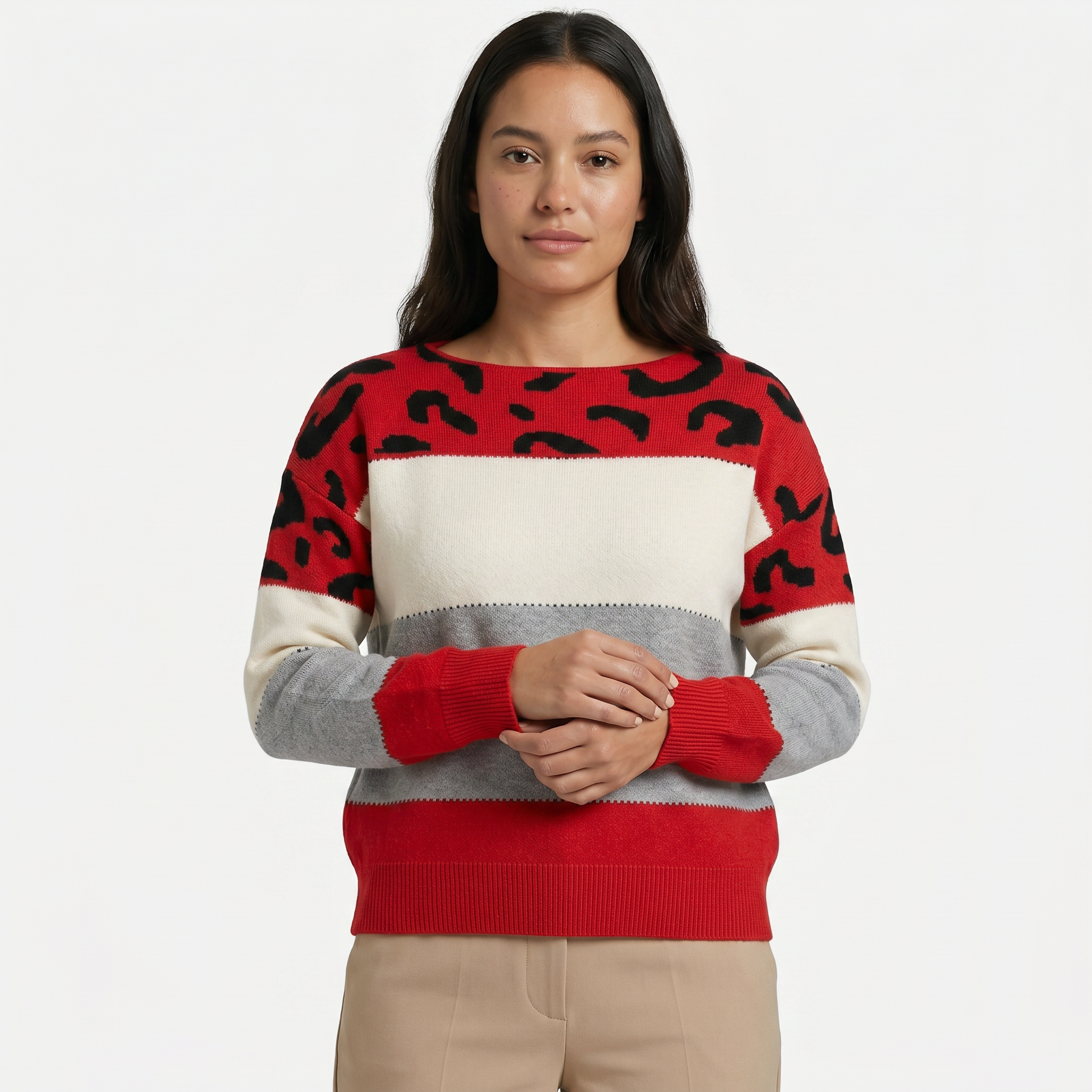 Women's Leopard Print Colour Block Knit Sweater - Crew Neck Pullover Jumper