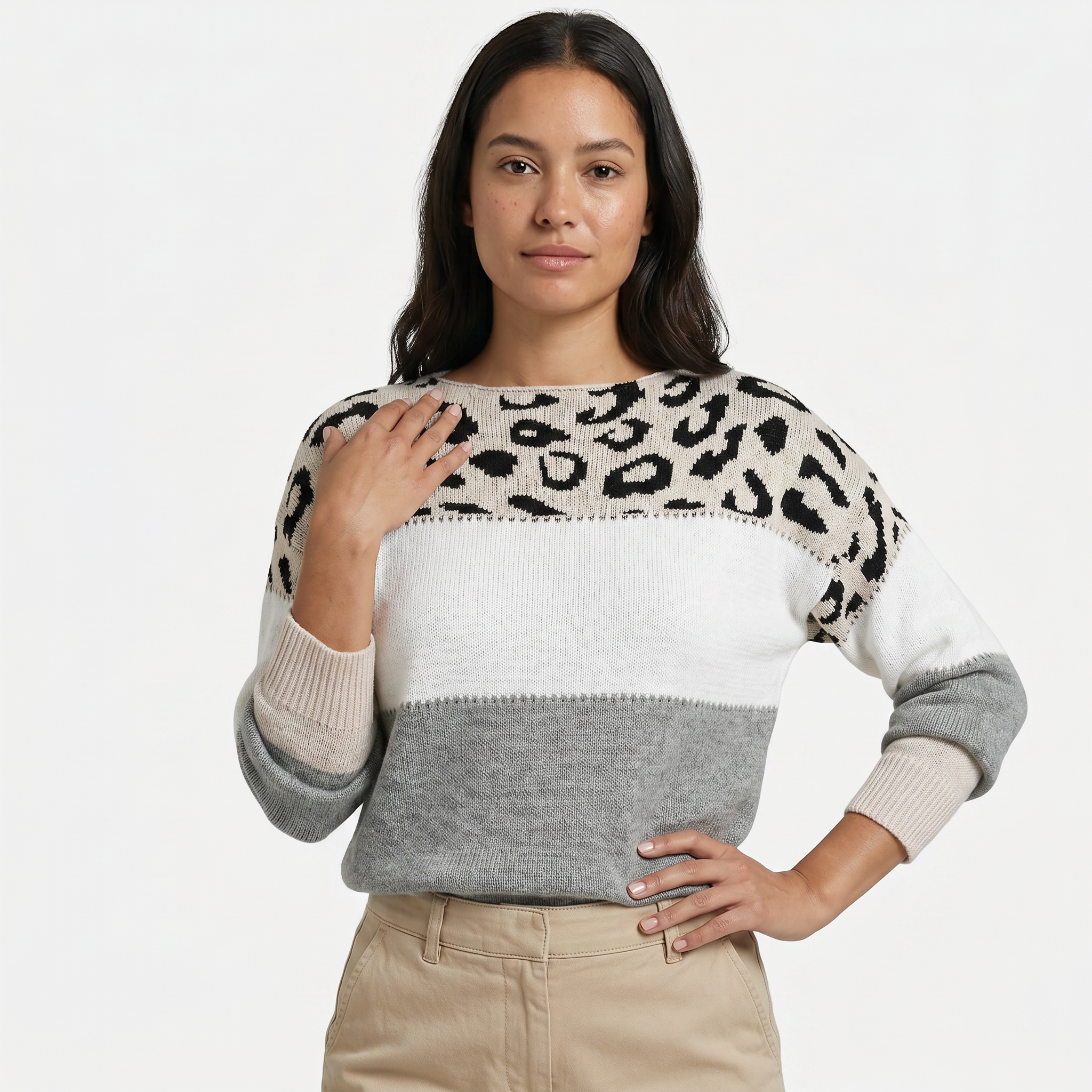 Women's Leopard Print Colour Block Knit Sweater - Crew Neck Pullover Jumper