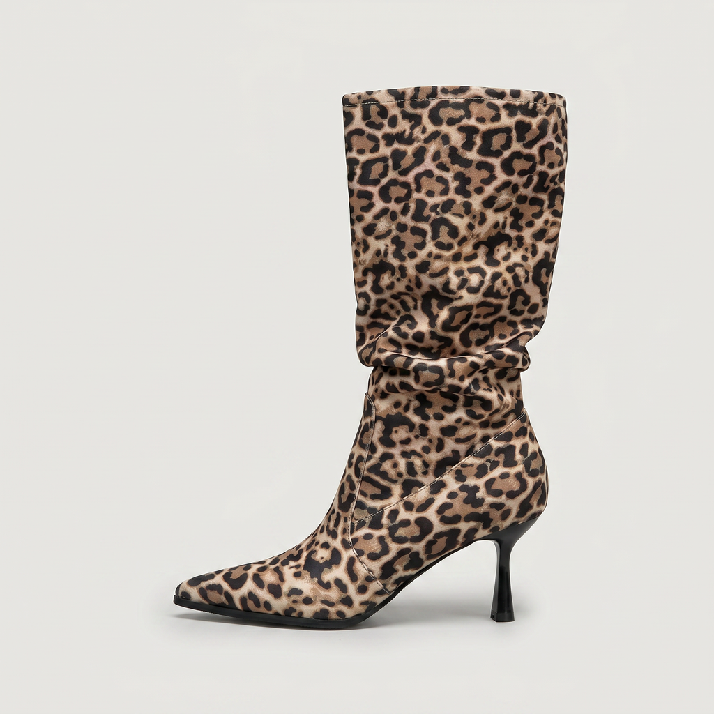 Women’s Leopard Print Slouch Mid-Calf Boots - Stiletto Heel Fit