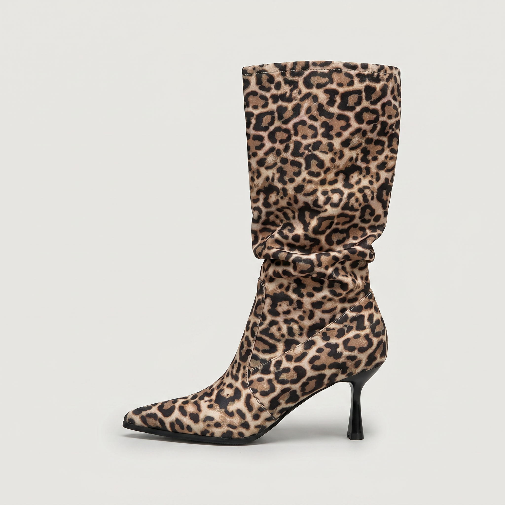 Women’s Leopard Print Slouch Mid-Calf Boots - Stiletto Heel Fit