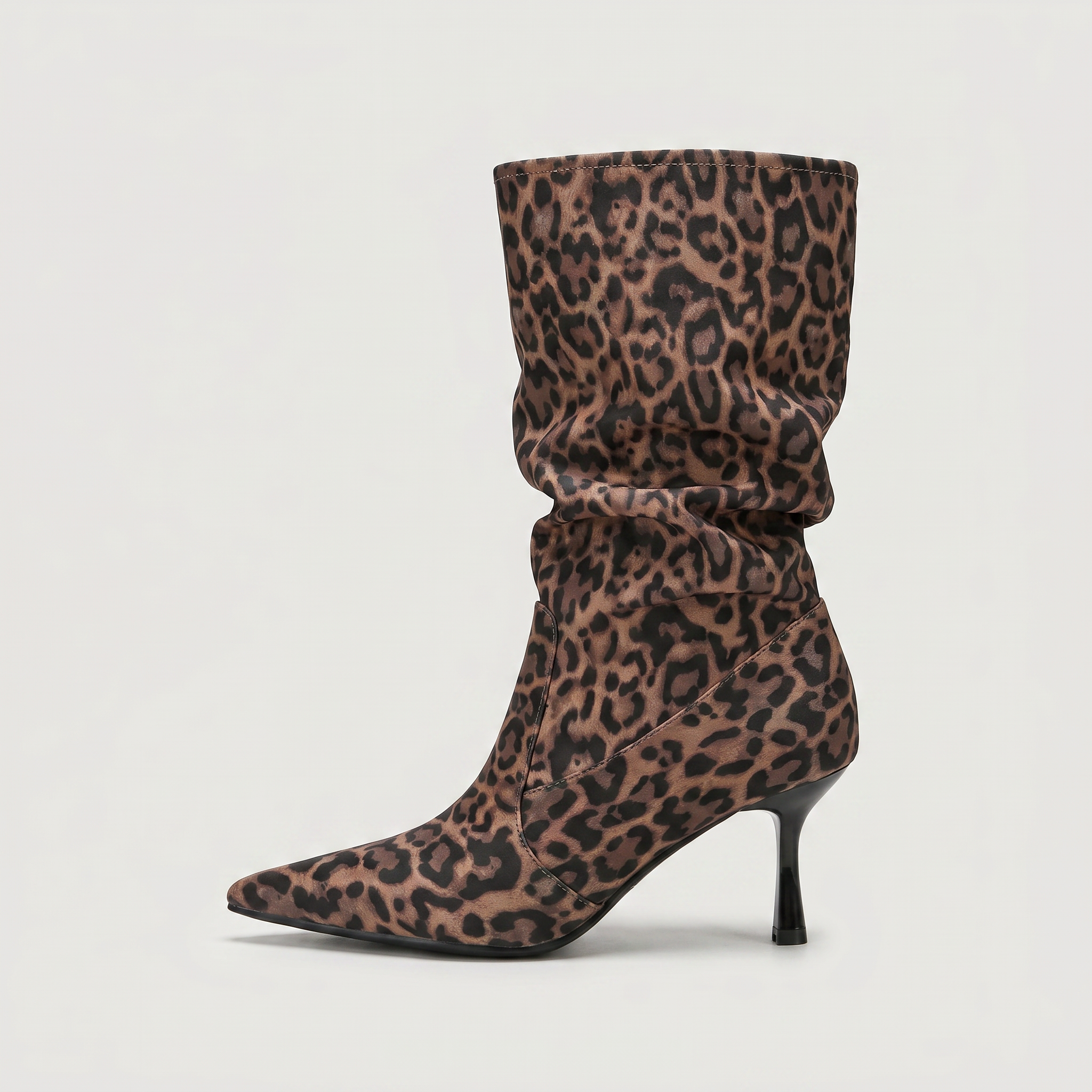 Women’s Leopard Print Slouch Mid-Calf Boots - Stiletto Heel Fit