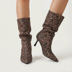 Women’s Leopard Print Slouch Mid-Calf Boots - Stiletto Heel Fit