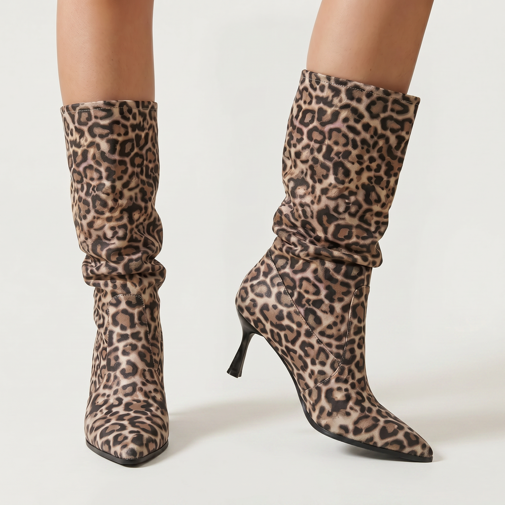 Women’s Leopard Print Slouch Mid-Calf Boots - Stiletto Heel Fit