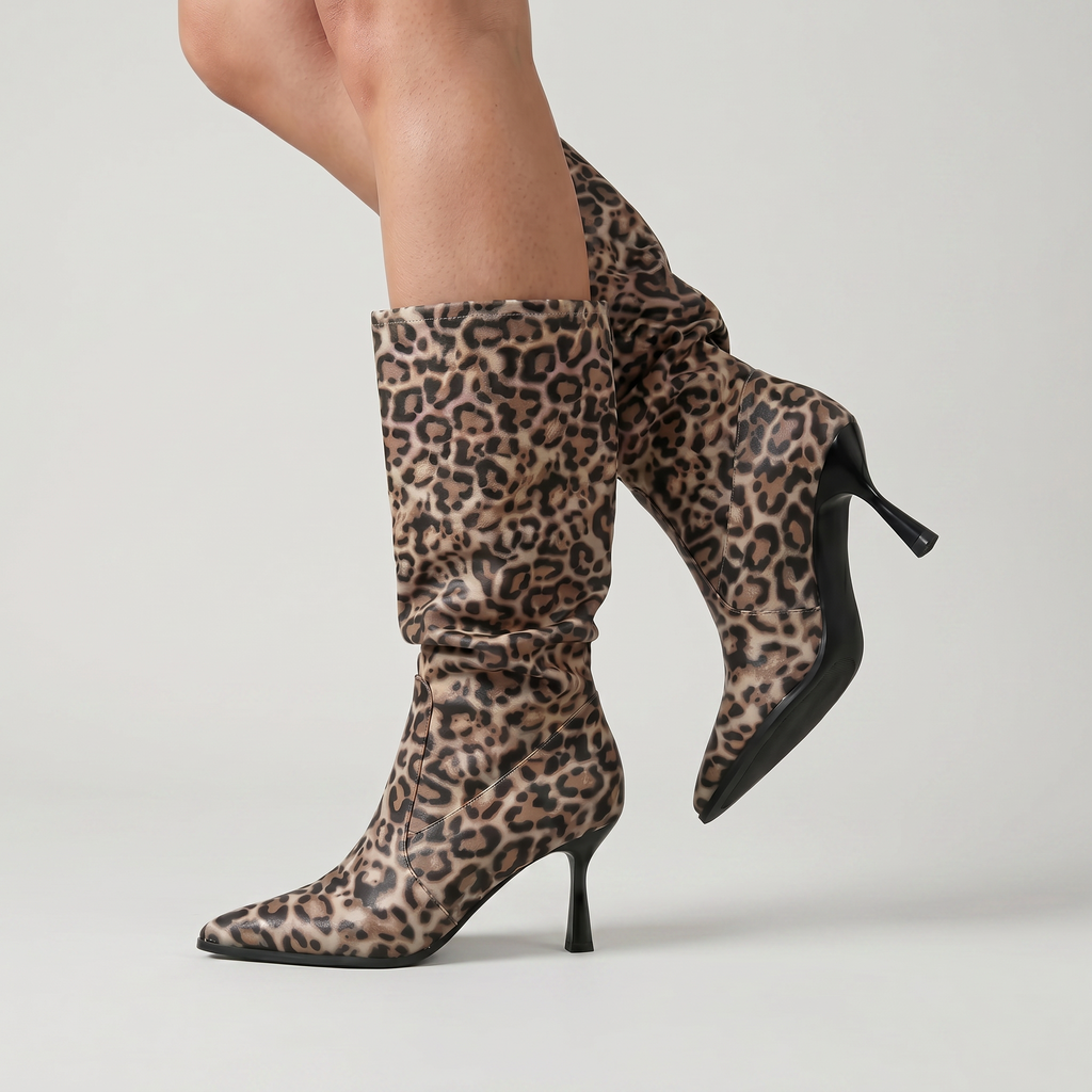 Women’s Leopard Print Slouch Mid-Calf Boots - Stiletto Heel Fit