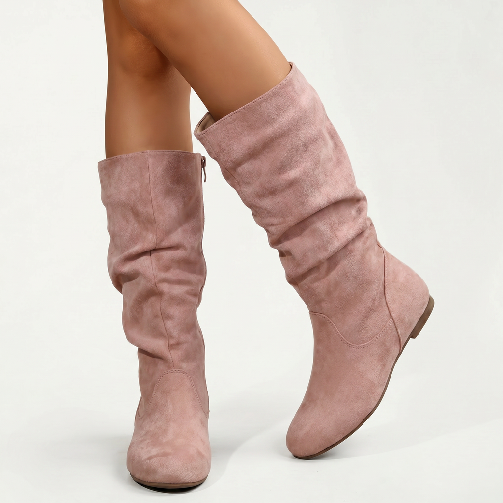 Women’s Mid-Calf Flat Boots - Pull-On Round Toe Flat Heel Fit