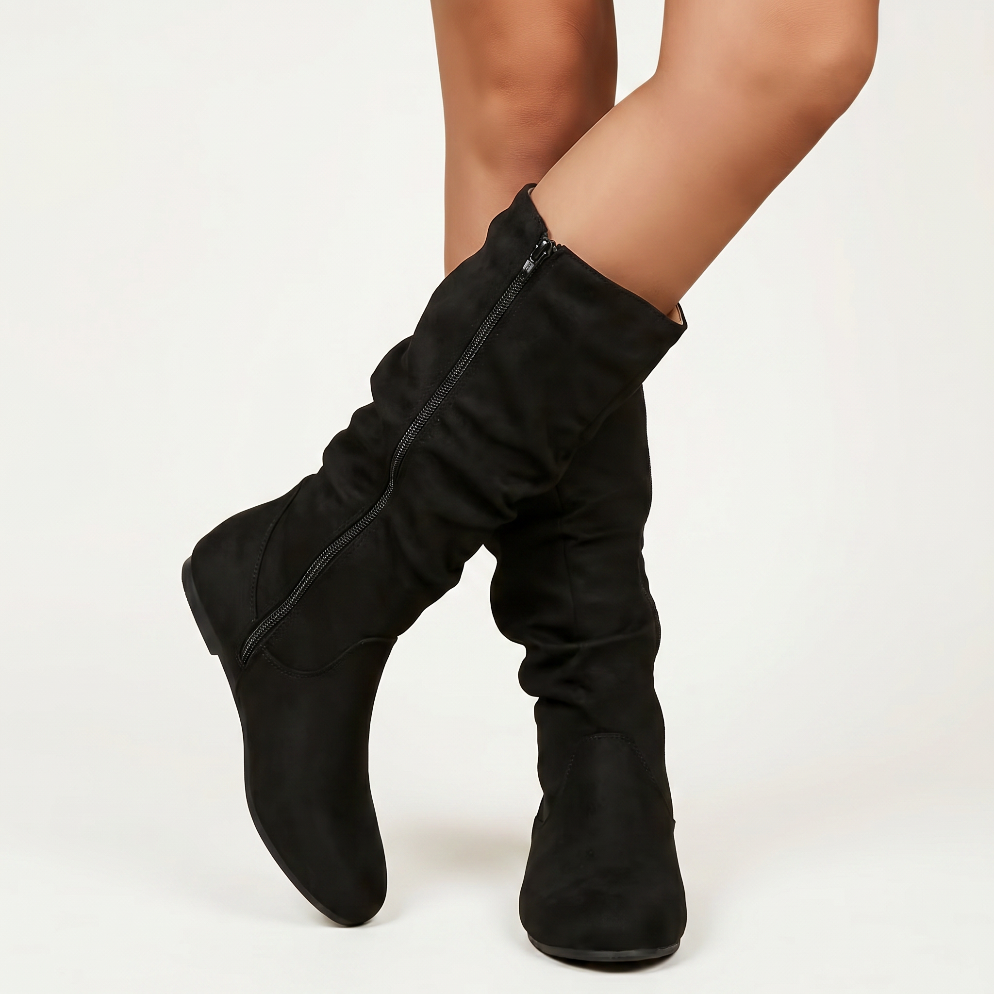 Women’s Mid-Calf Flat Boots - Pull-On Round Toe Flat Heel Fit