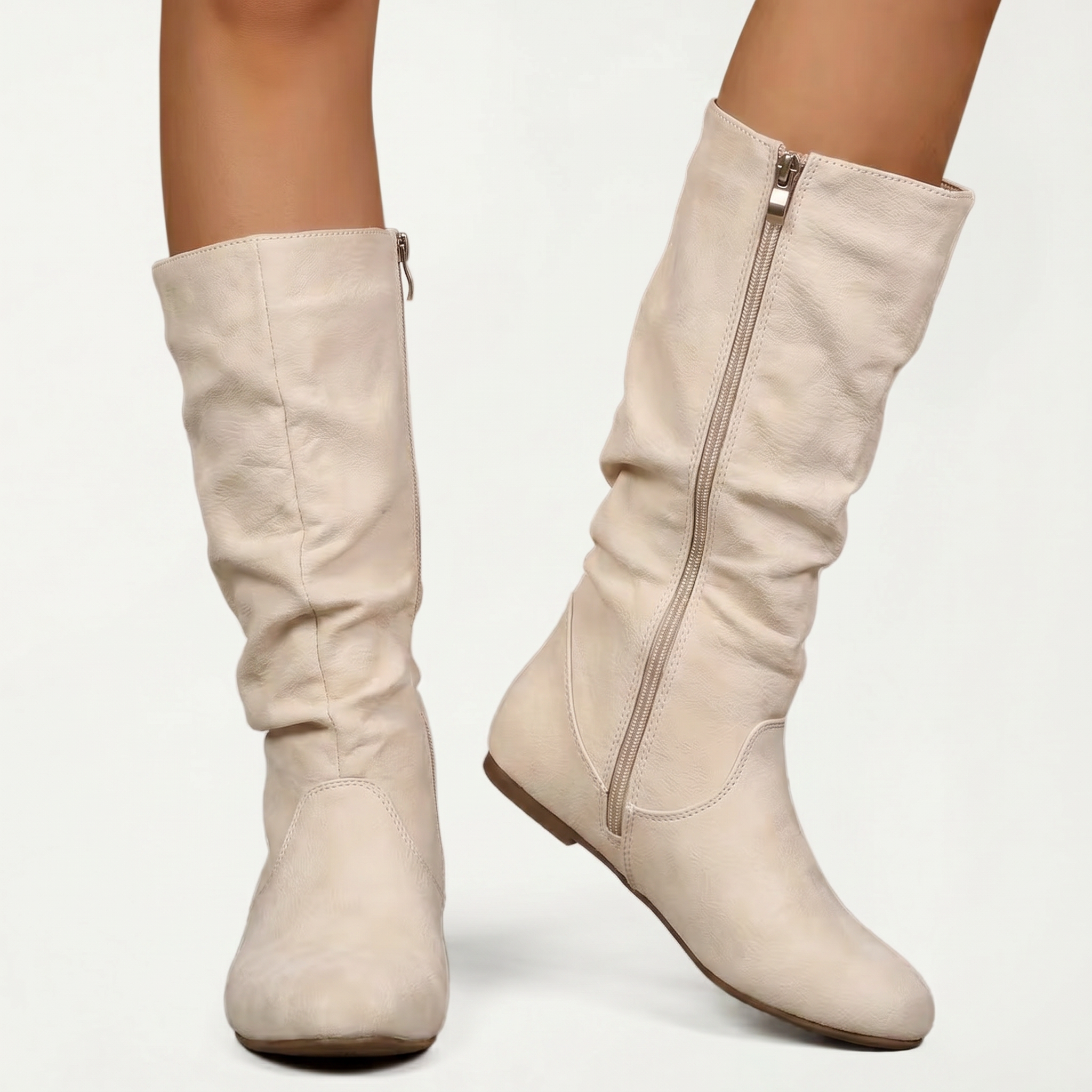 Women’s Mid-Calf Flat Boots - Pull-On Round Toe Flat Heel Fit