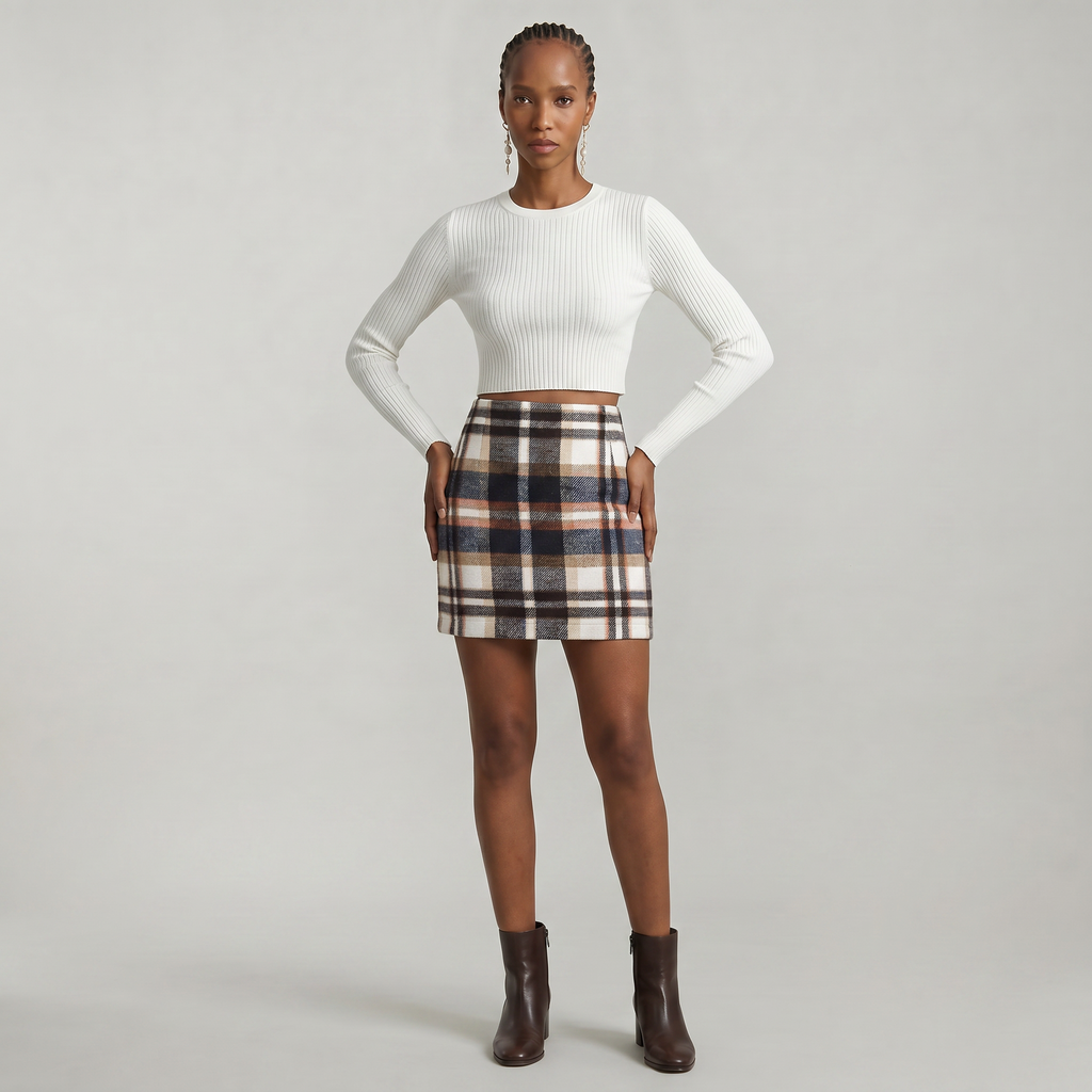 Women’s Plaid A-Line Skirt - High Waist Tweed Style Mini Skirt