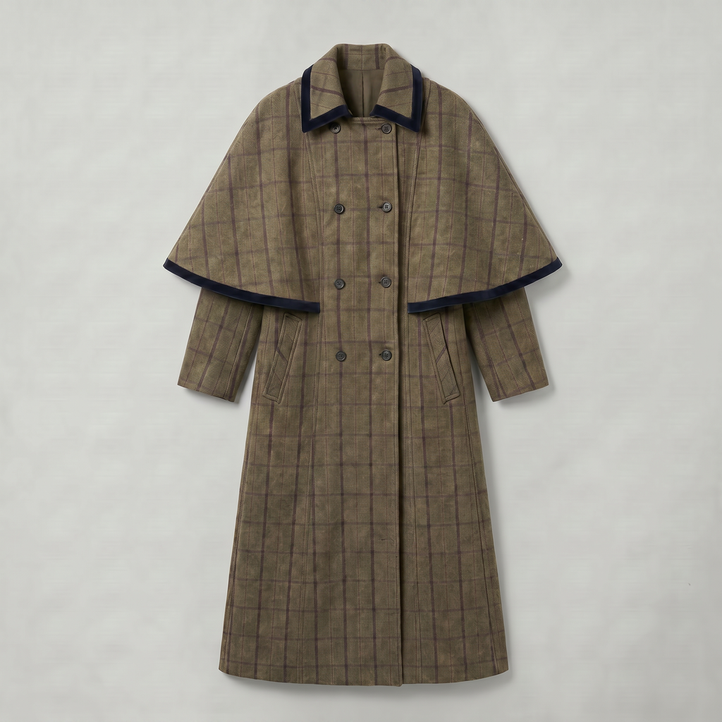 Women’s Plaid Long Coat - Double-Breasted Cape Longline Fit