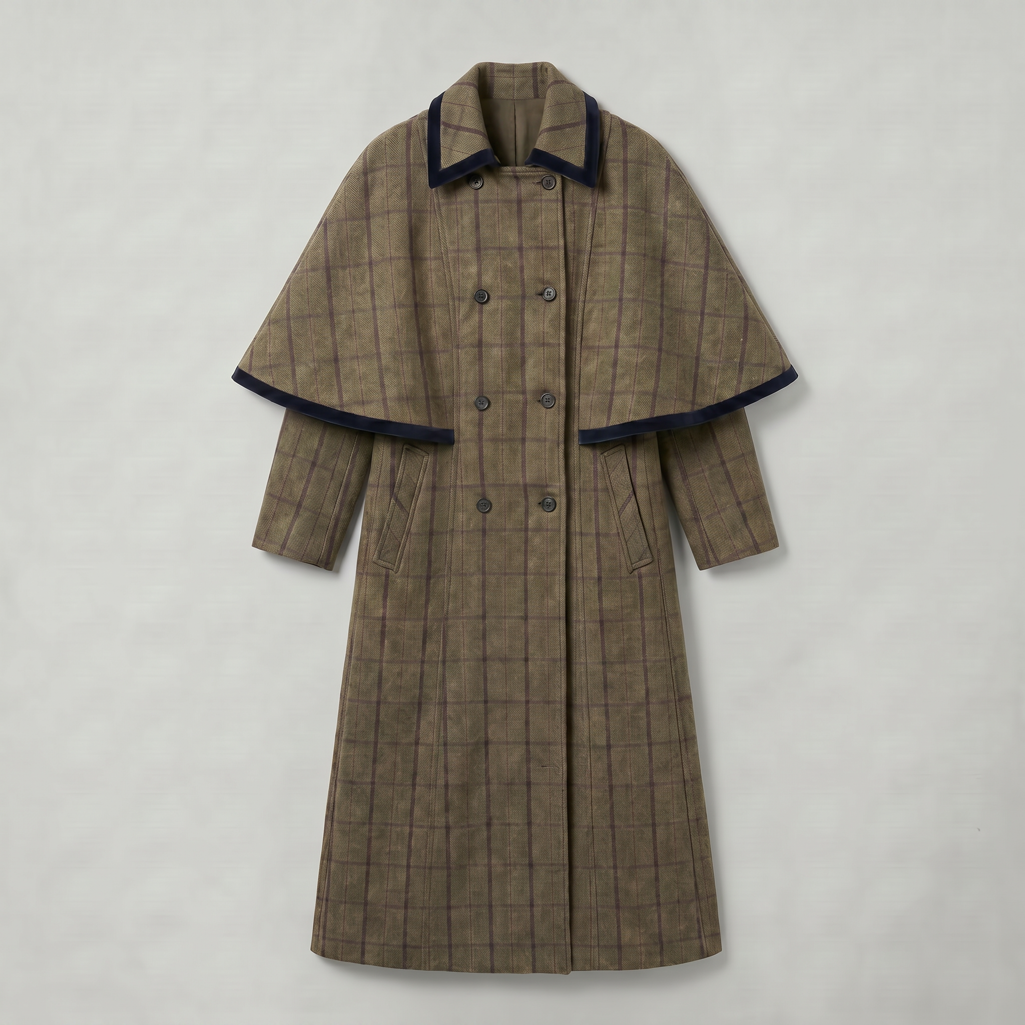 Women’s Plaid Long Coat - Double-Breasted Cape Longline Fit