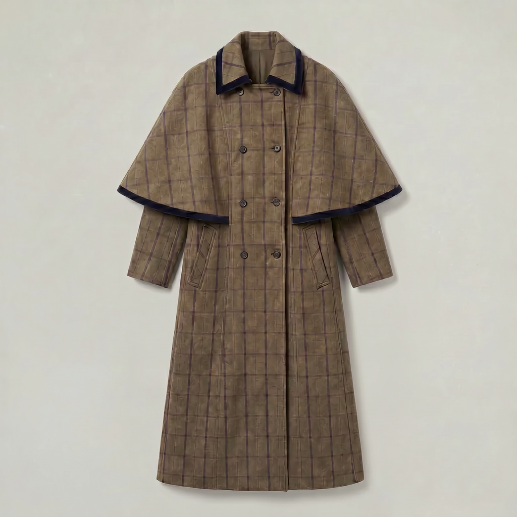 Women’s Plaid Long Coat - Double-Breasted Cape Longline Fit
