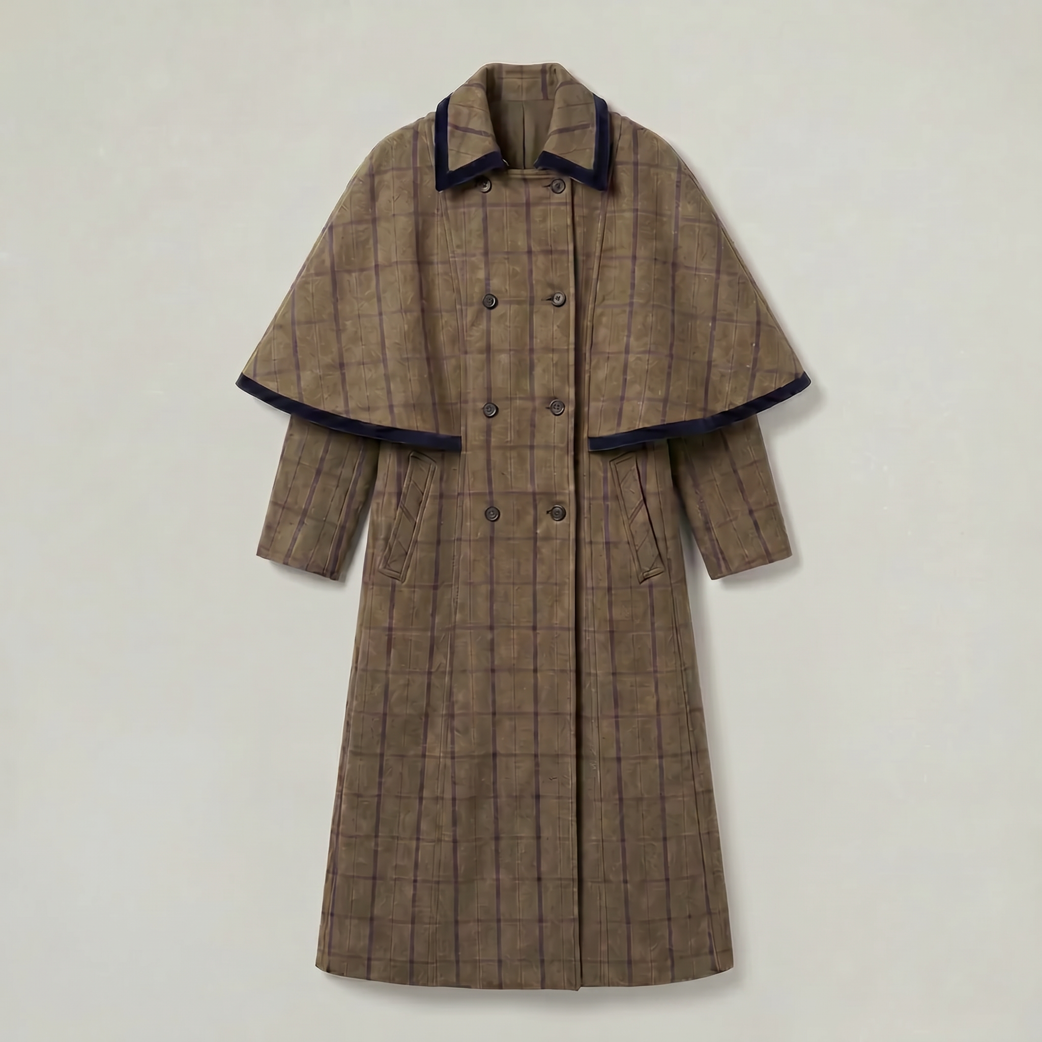 Women’s Plaid Long Coat - Double-Breasted Cape Longline Fit