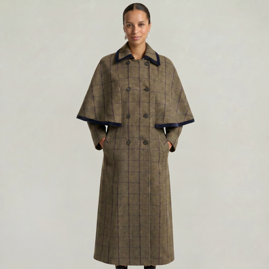 Women’s Plaid Long Coat - Double-Breasted Cape Longline Fit