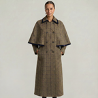 Women’s Plaid Long Coat - Double-Breasted Cape Longline Fit