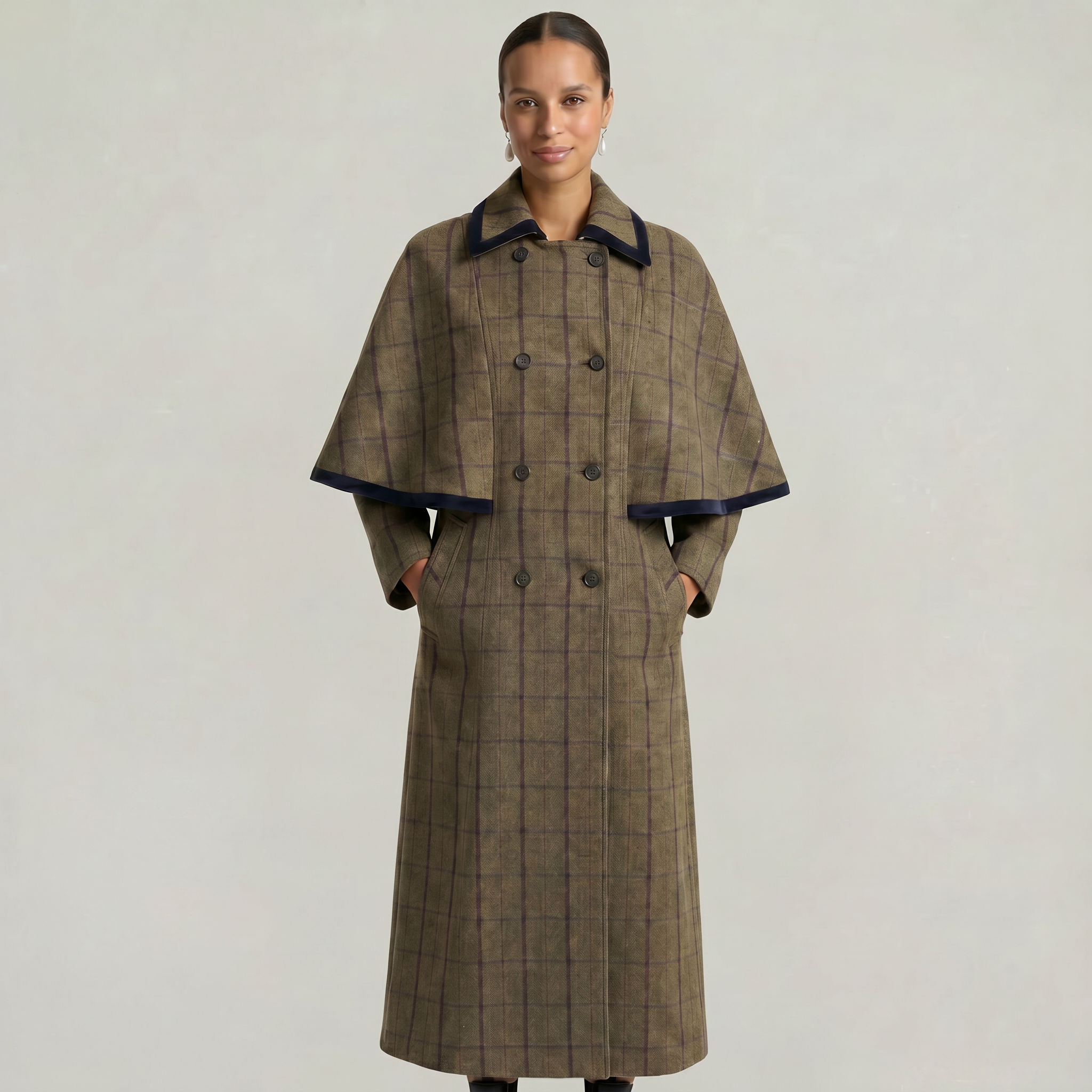 Women’s Plaid Long Coat - Double-Breasted Cape Longline Fit