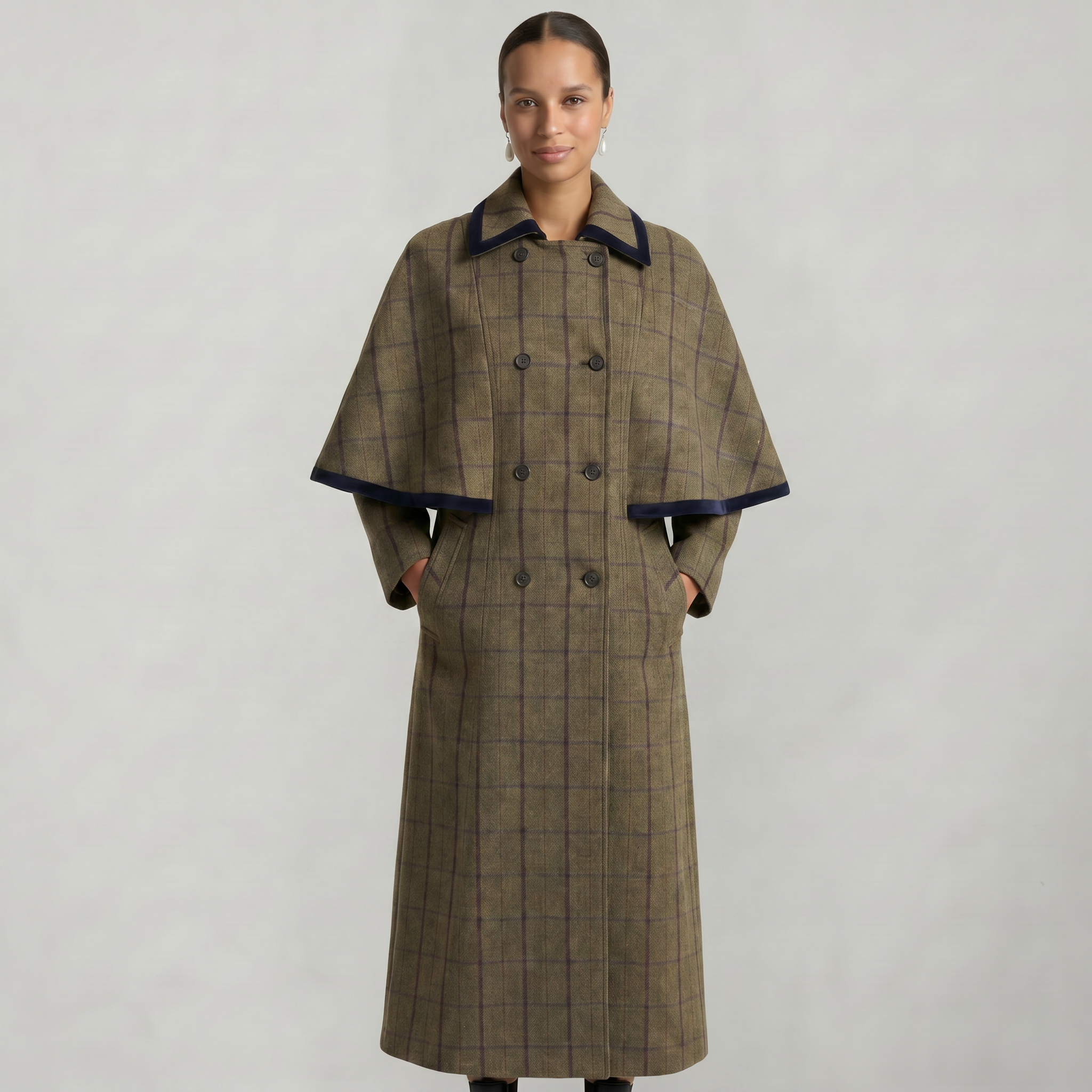 Women’s Plaid Long Coat - Double-Breasted Cape Longline Fit