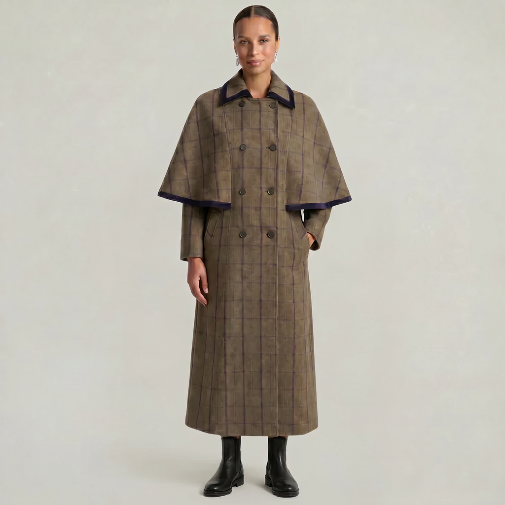 Women’s Plaid Long Coat - Double-Breasted Cape Longline Fit