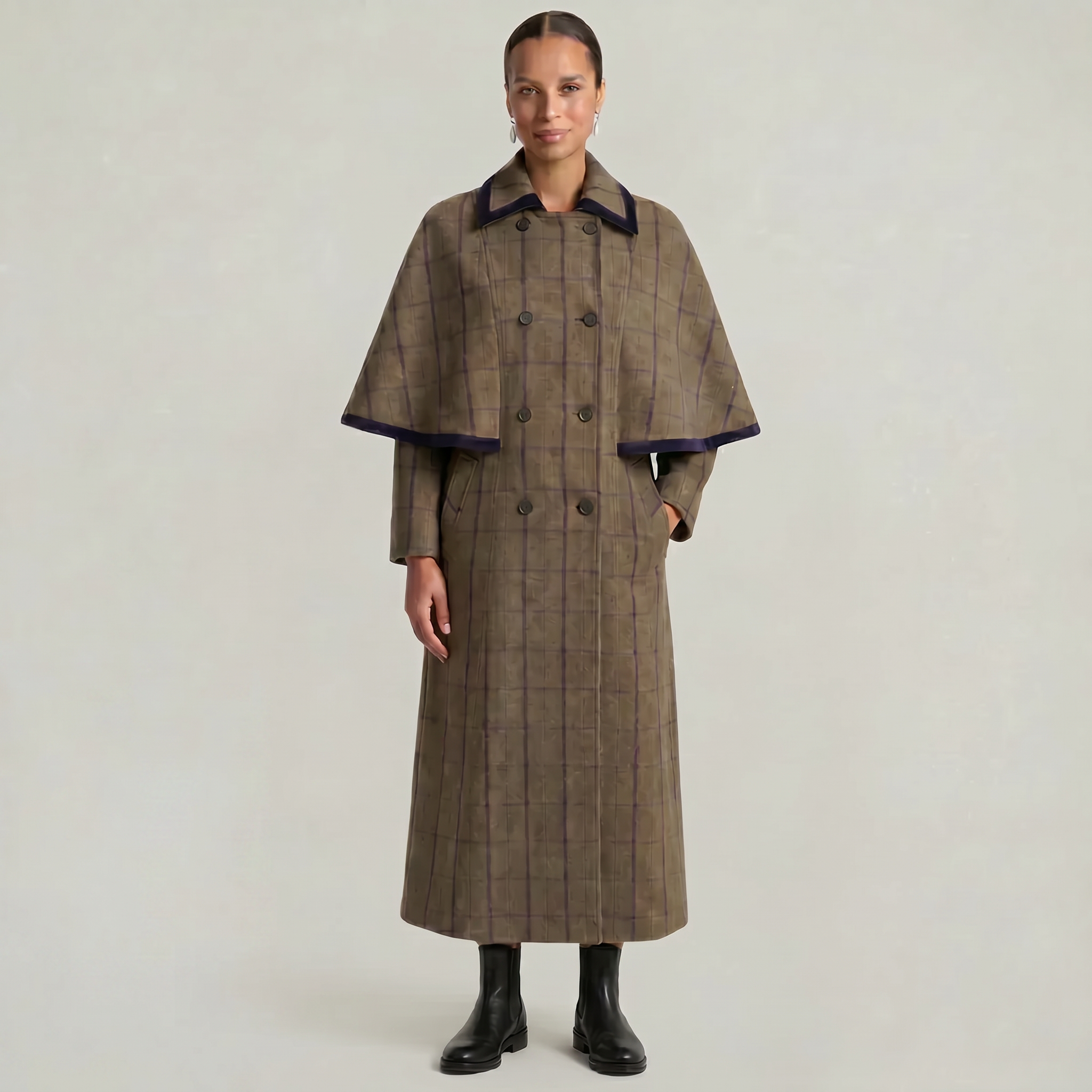 Women’s Plaid Long Coat - Double-Breasted Cape Longline Fit