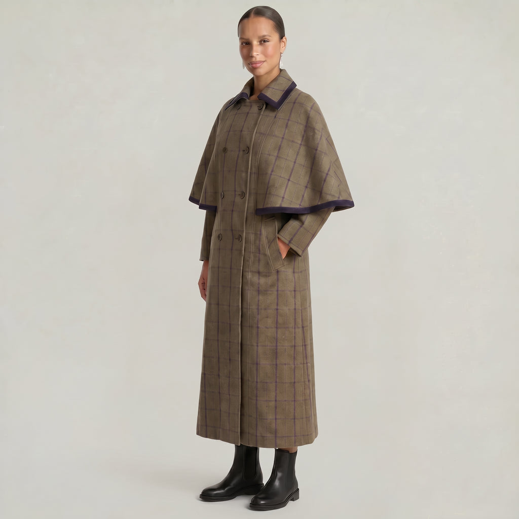 Women’s Plaid Long Coat - Double-Breasted Cape Longline Fit