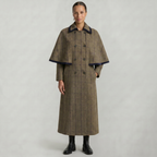Women’s Plaid Long Coat - Double-Breasted Cape Longline Fit
