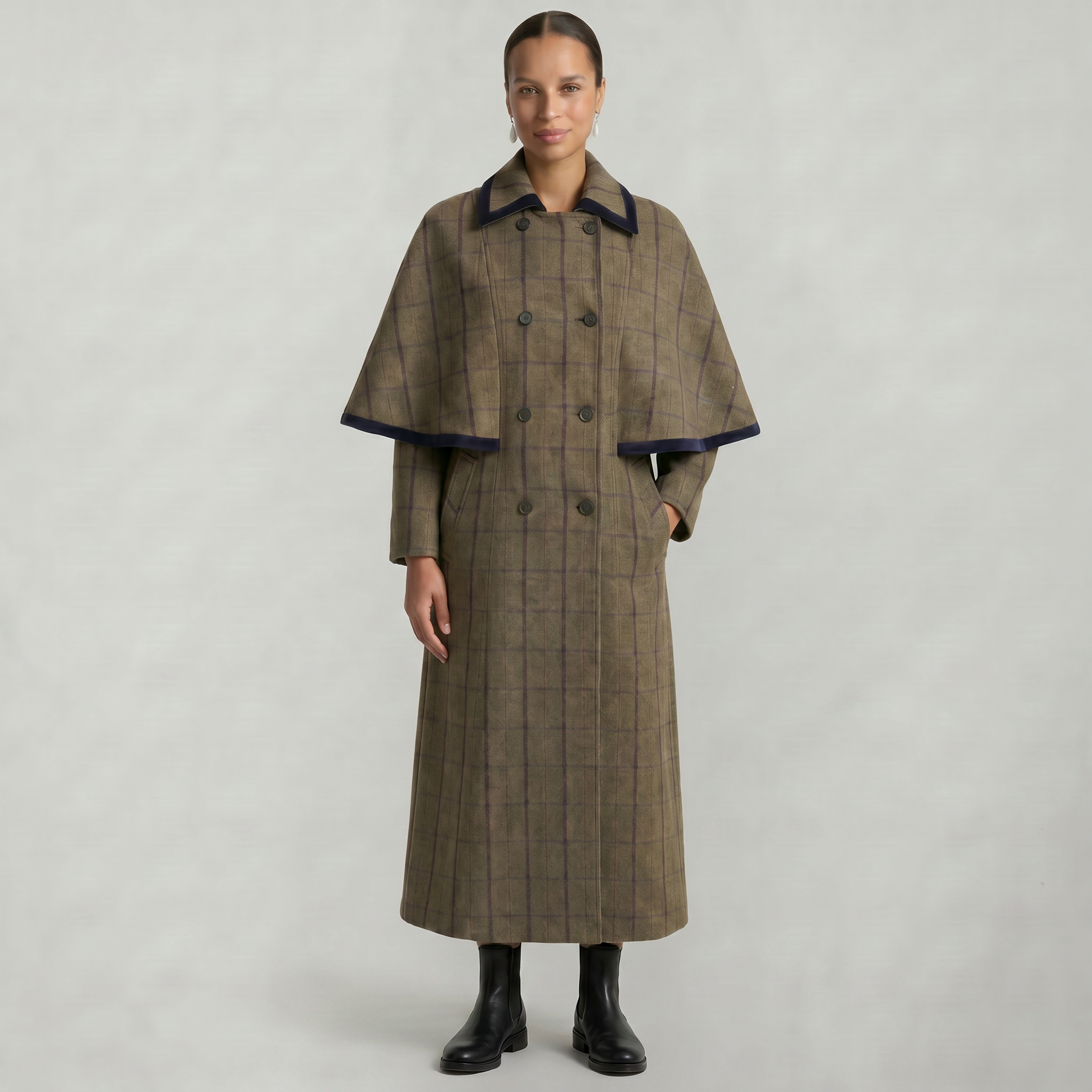 Women’s Plaid Long Coat - Double-Breasted Cape Longline Fit
