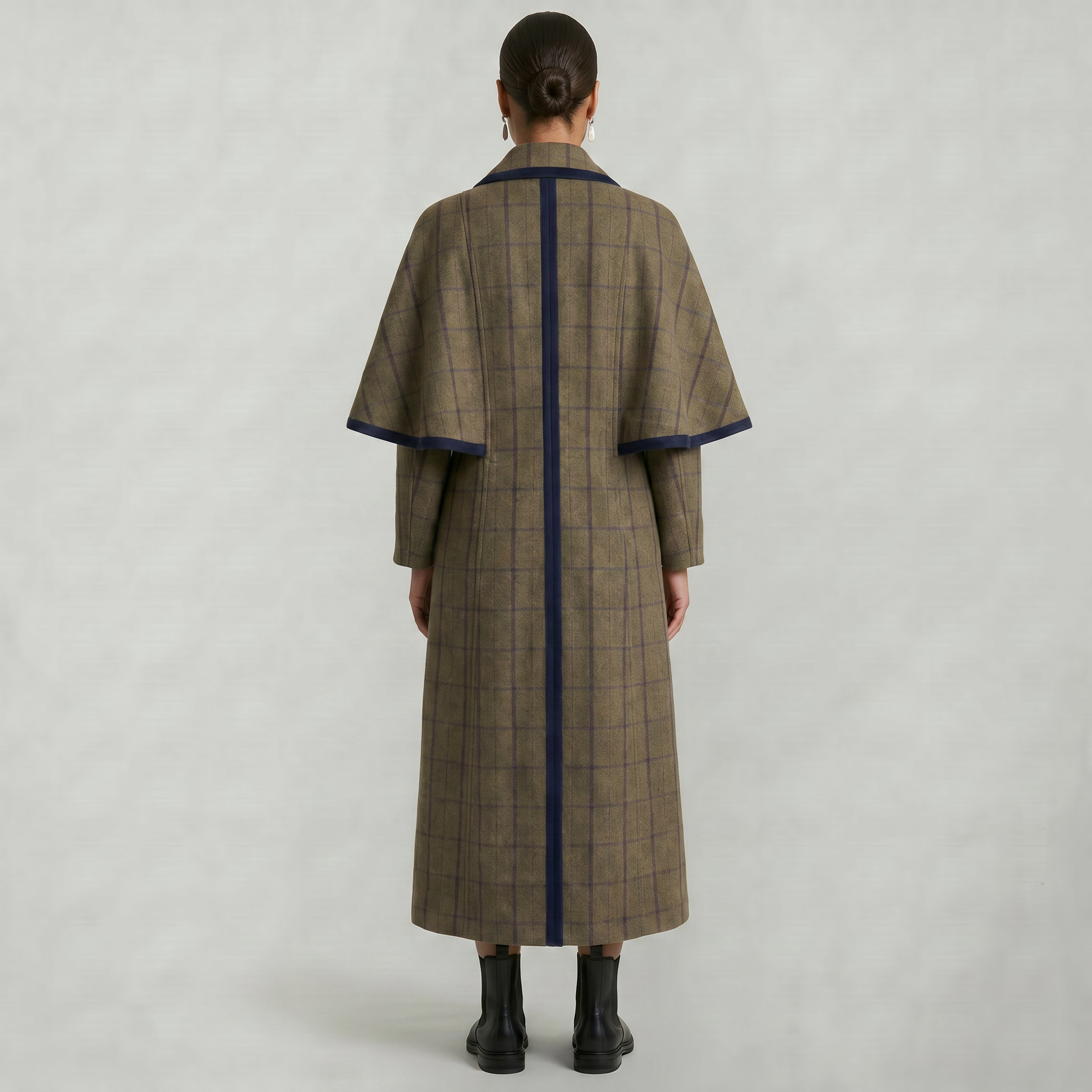 Women’s Plaid Long Coat - Double-Breasted Cape Longline Fit