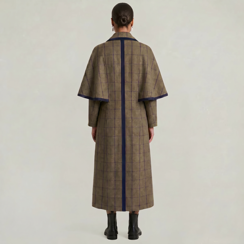 Women’s Plaid Long Coat - Double-Breasted Cape Longline Fit