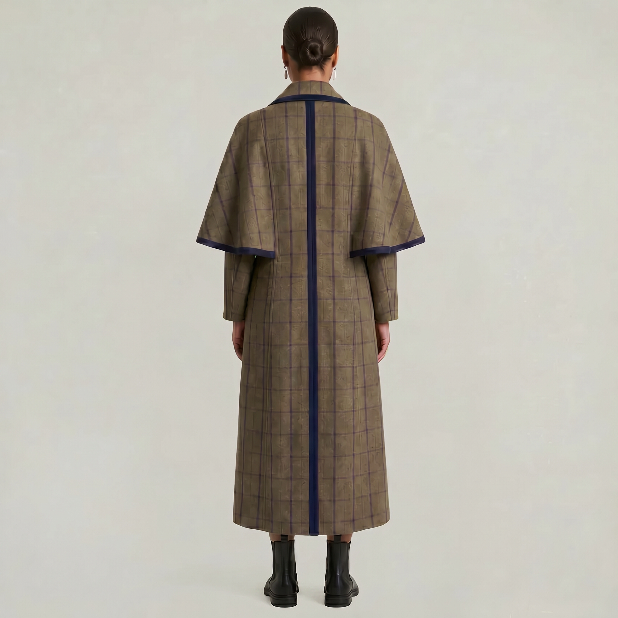 Women’s Plaid Long Coat - Double-Breasted Cape Longline Fit