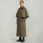 Women’s Plaid Long Coat - Double-Breasted Cape Longline Fit