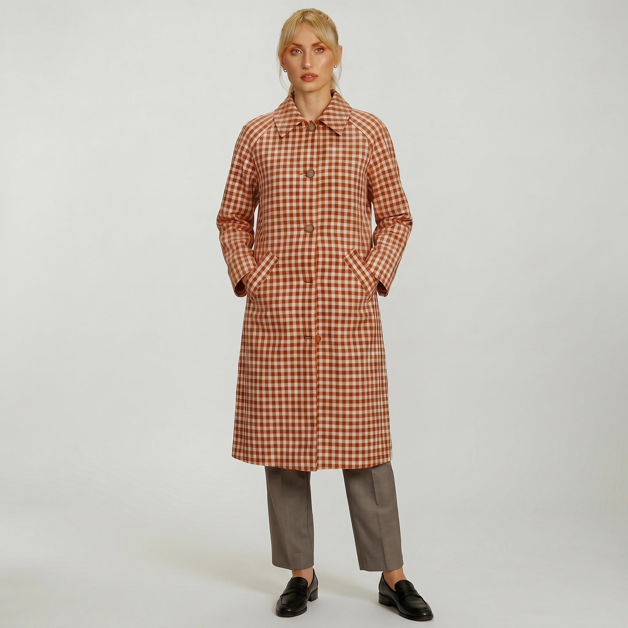 Women’s Plaid Trench Coat - Long Checkered Coat