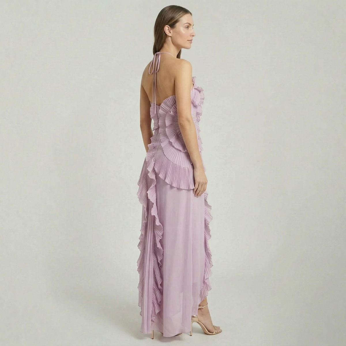 Women’s Pleated Ruffle Halter Maxi Dress