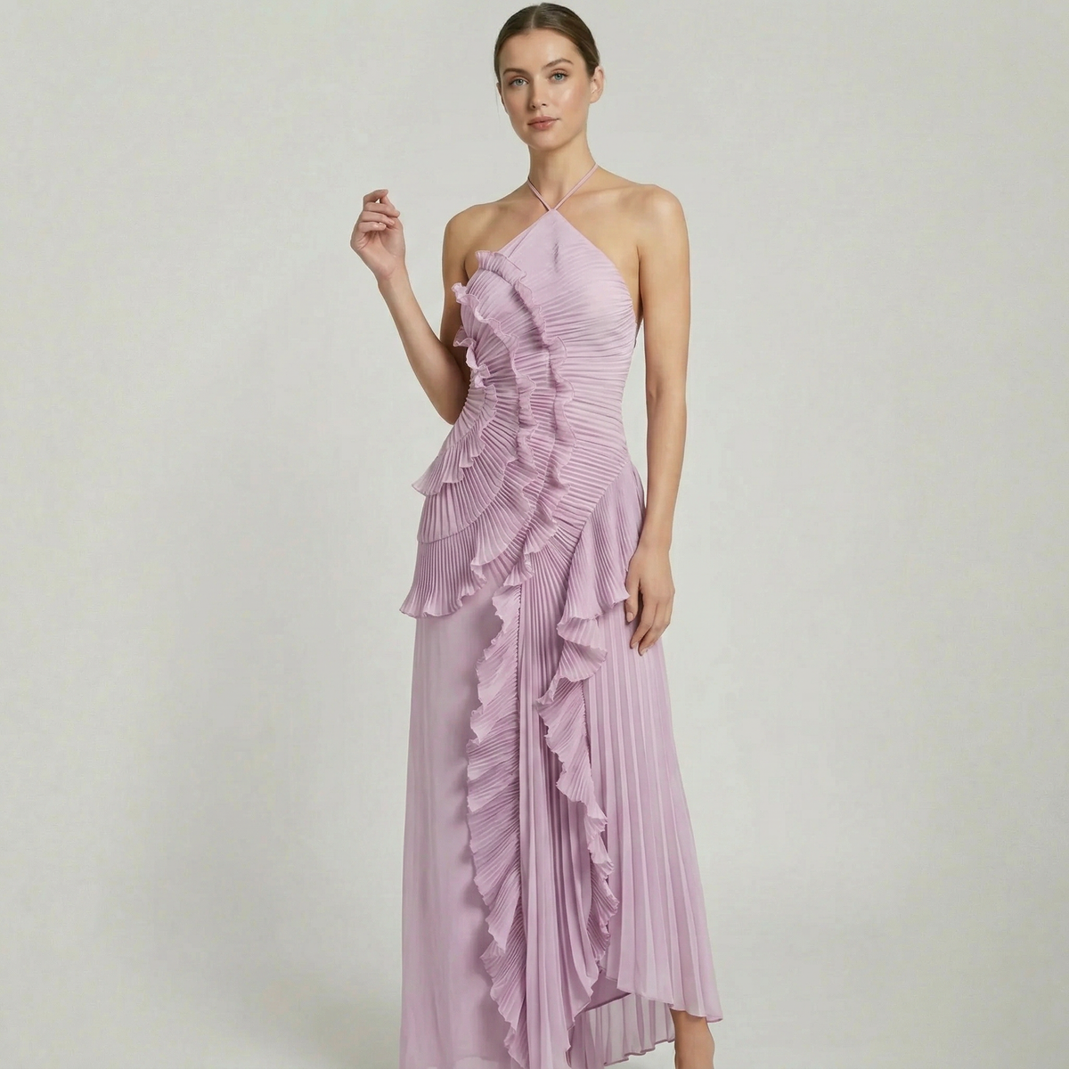 Women’s Pleated Ruffle Halter Maxi Dress