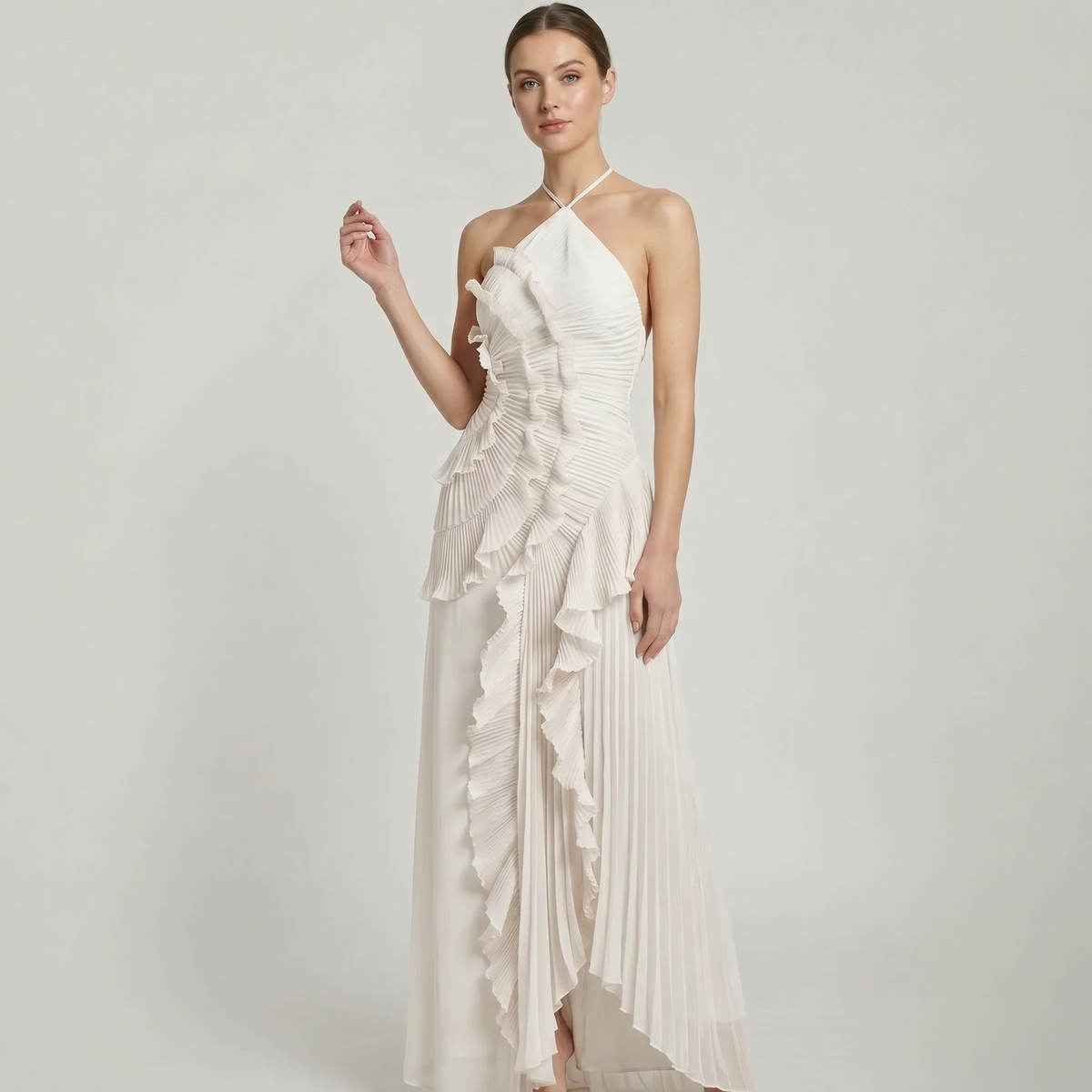 Women’s Pleated Ruffle Halter Maxi Dress