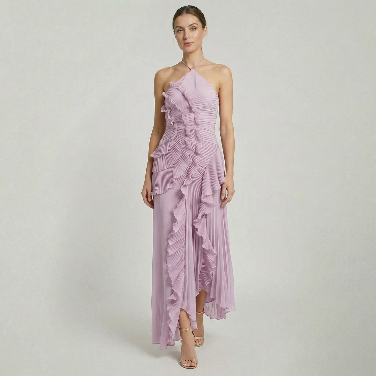 Women’s Pleated Ruffle Halter Maxi Dress