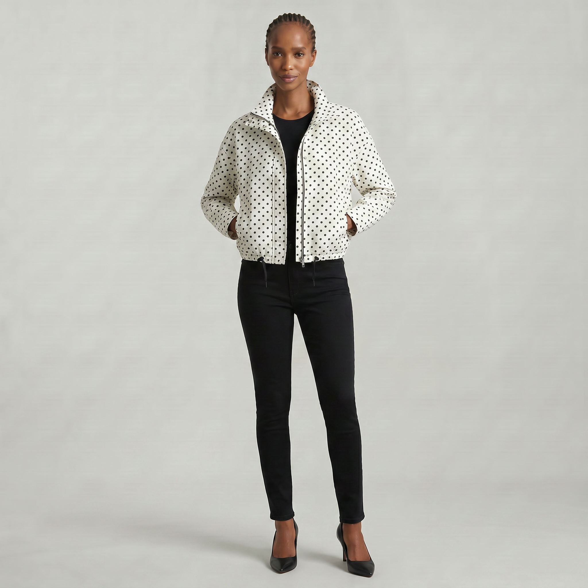 Women’s Polka Dot Bomber Jacket - Zip Up Cropped Lightweight Coat
