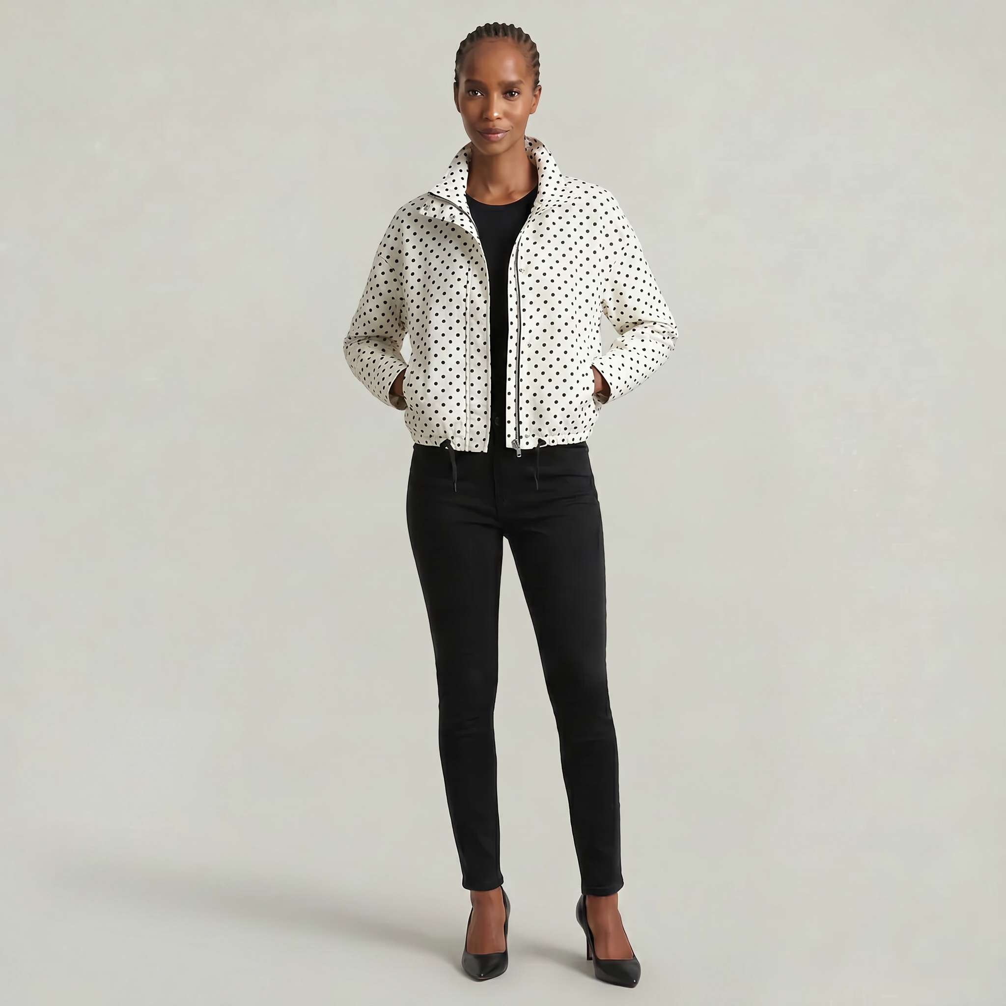 Women’s Polka Dot Bomber Jacket - Zip Up Cropped Lightweight Coat