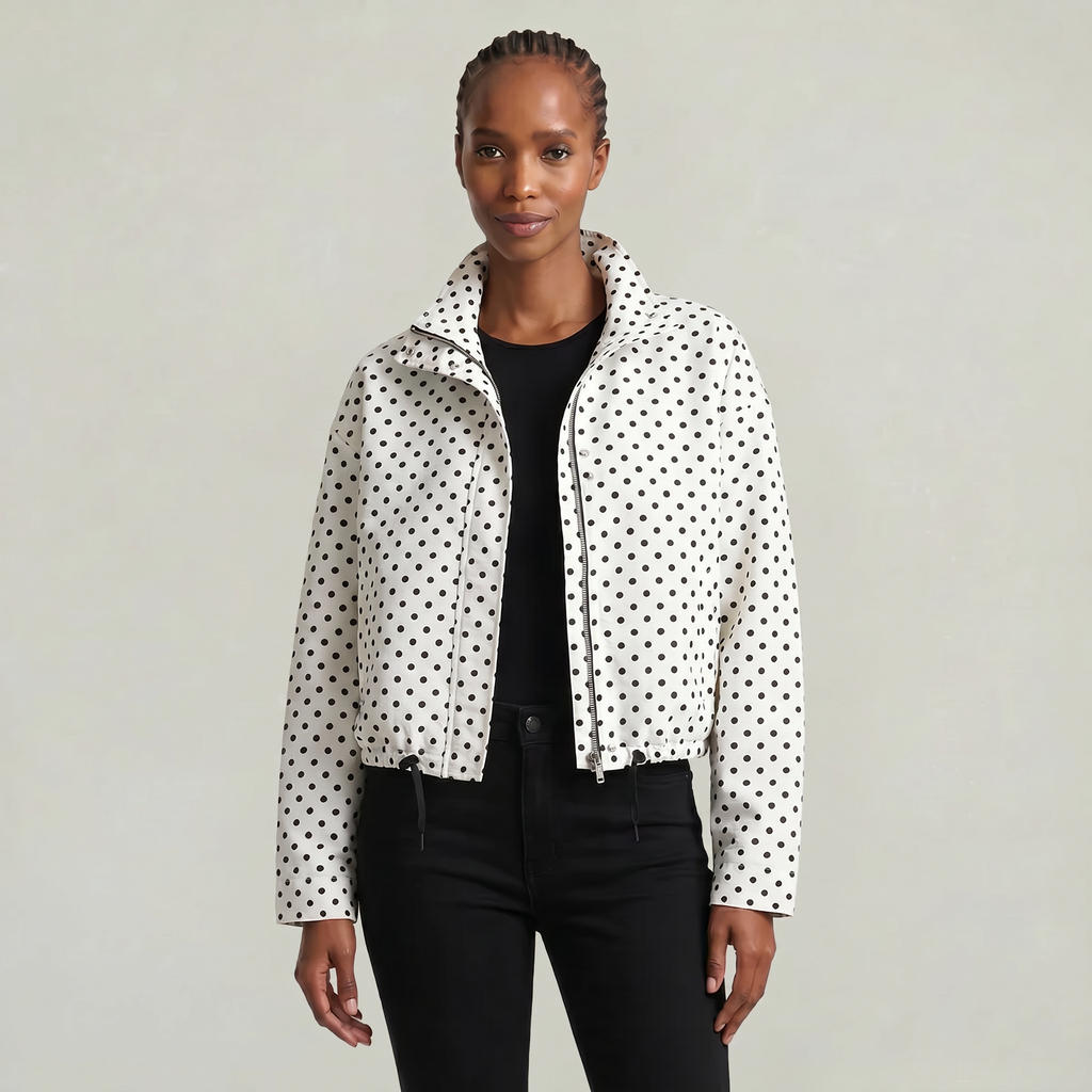Women’s Polka Dot Bomber Jacket - Zip Up Cropped Lightweight Coat