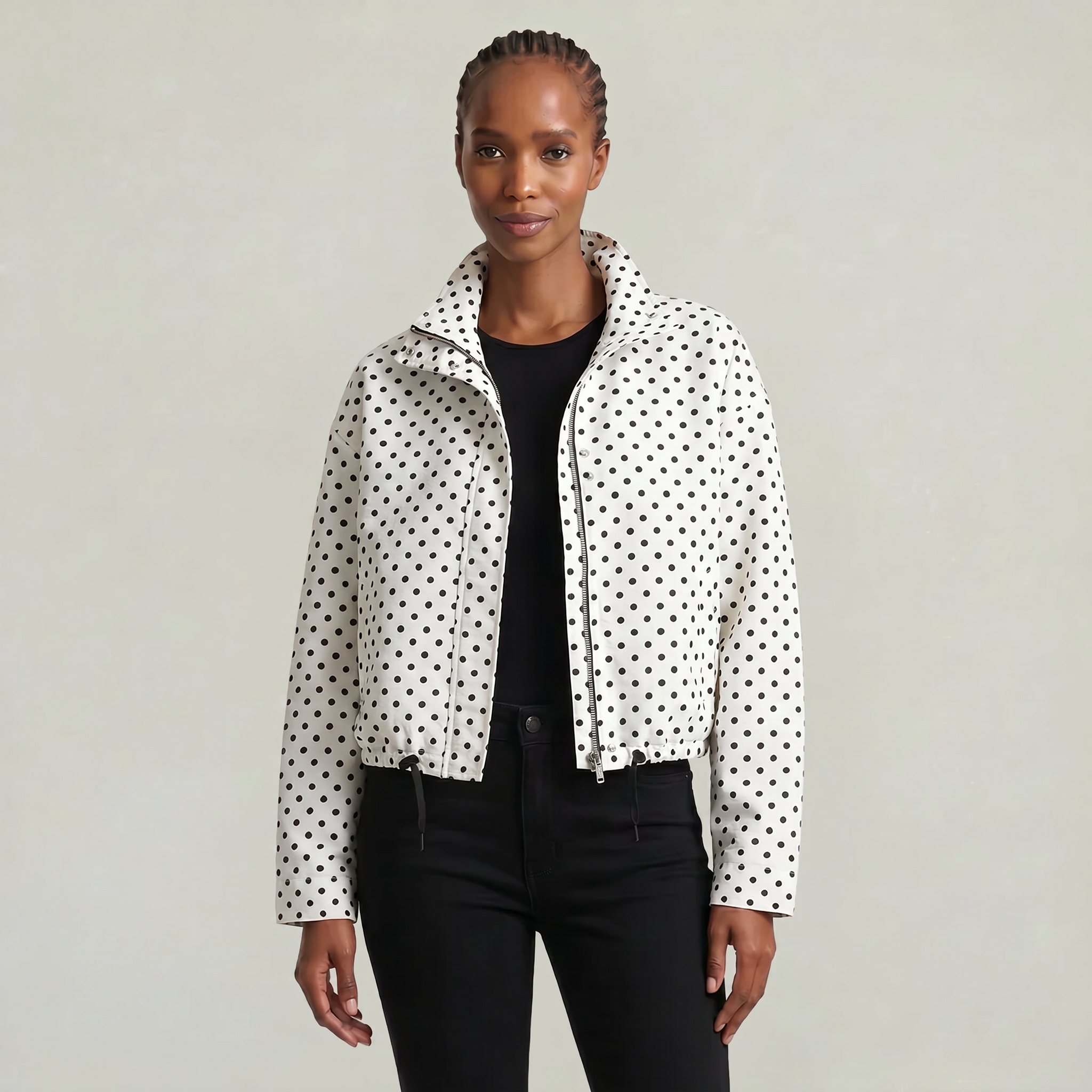 Women’s Polka Dot Bomber Jacket - Zip Up Cropped Lightweight Coat