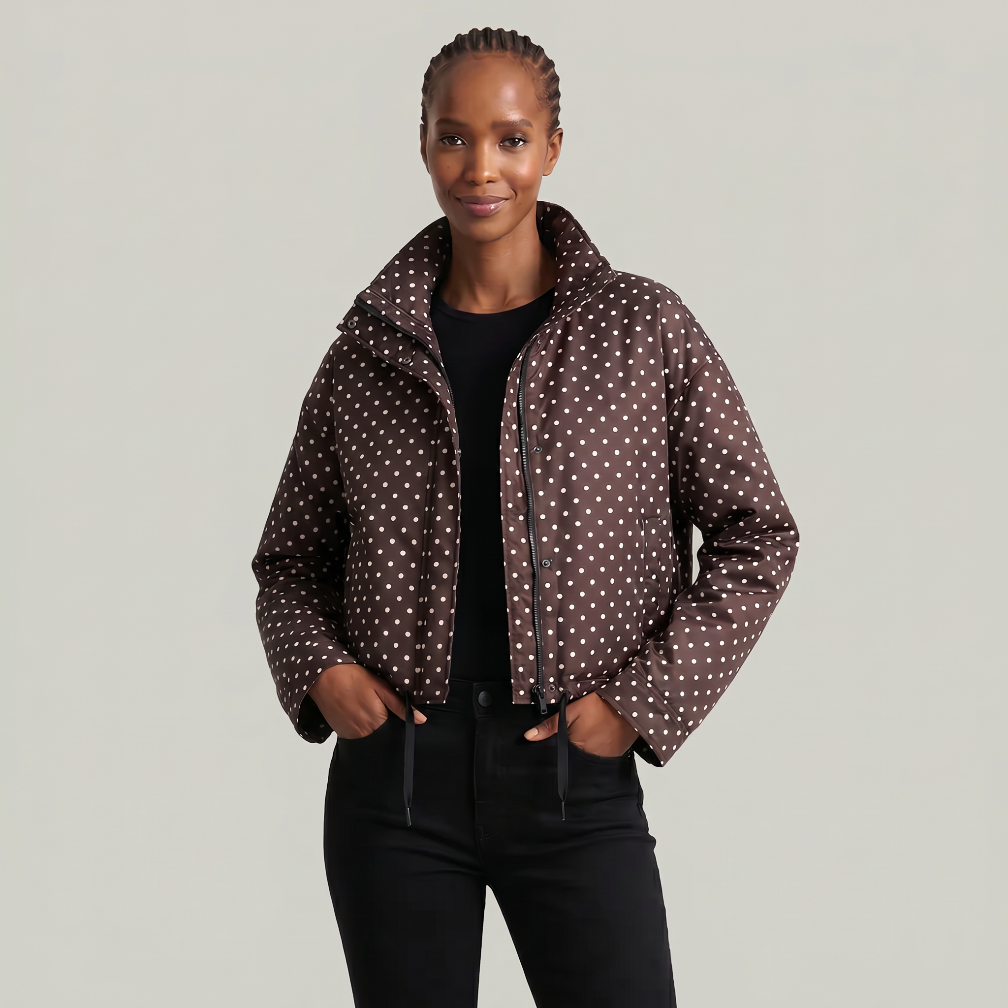 Women’s Polka Dot Bomber Jacket - Zip Up Cropped Lightweight Coat