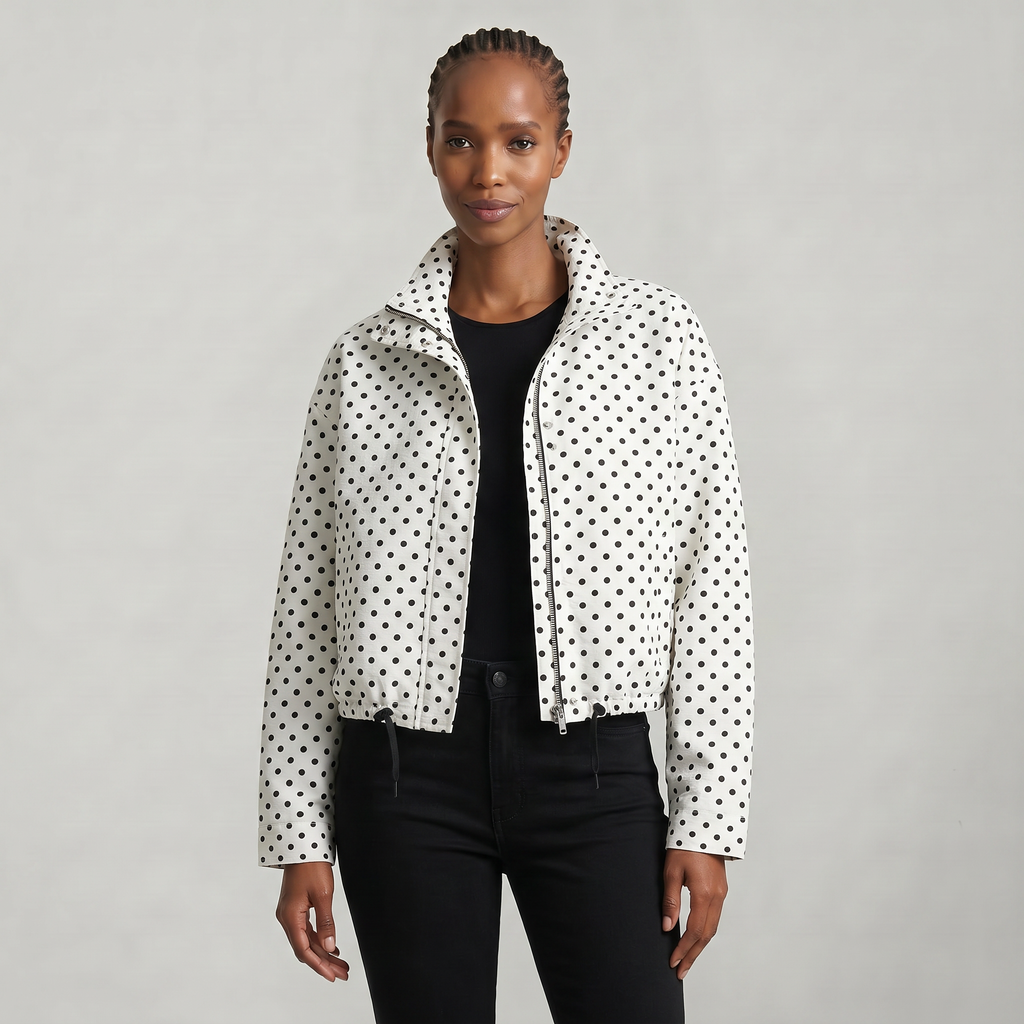 Women’s Polka Dot Bomber Jacket - Zip Up Cropped Lightweight Coat