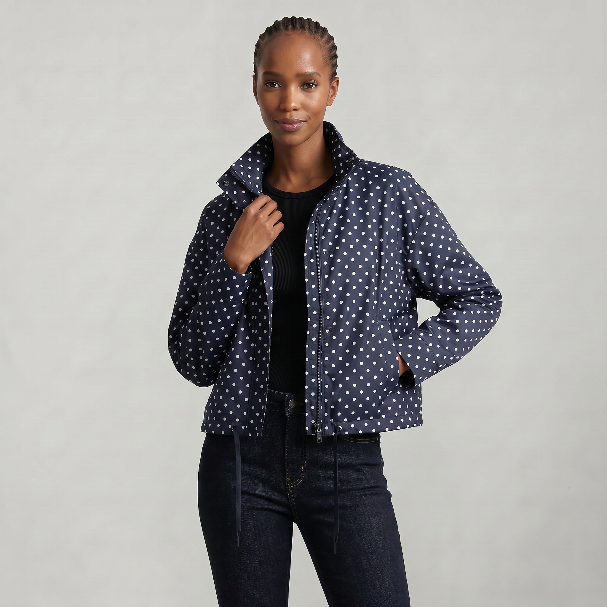 Women’s Polka Dot Bomber Jacket - Zip Up Cropped Lightweight Coat