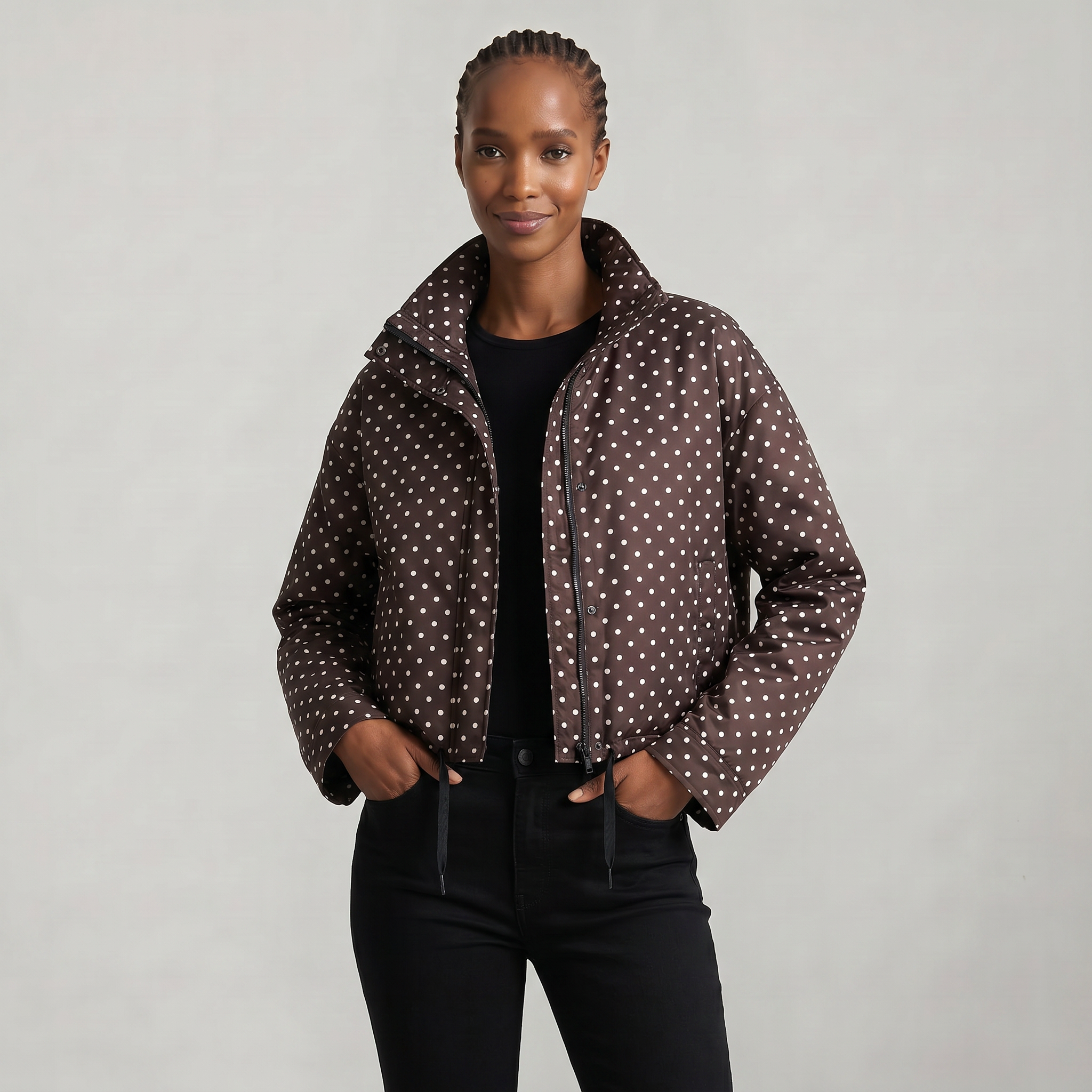 Women’s Polka Dot Bomber Jacket - Zip Up Cropped Lightweight Coat
