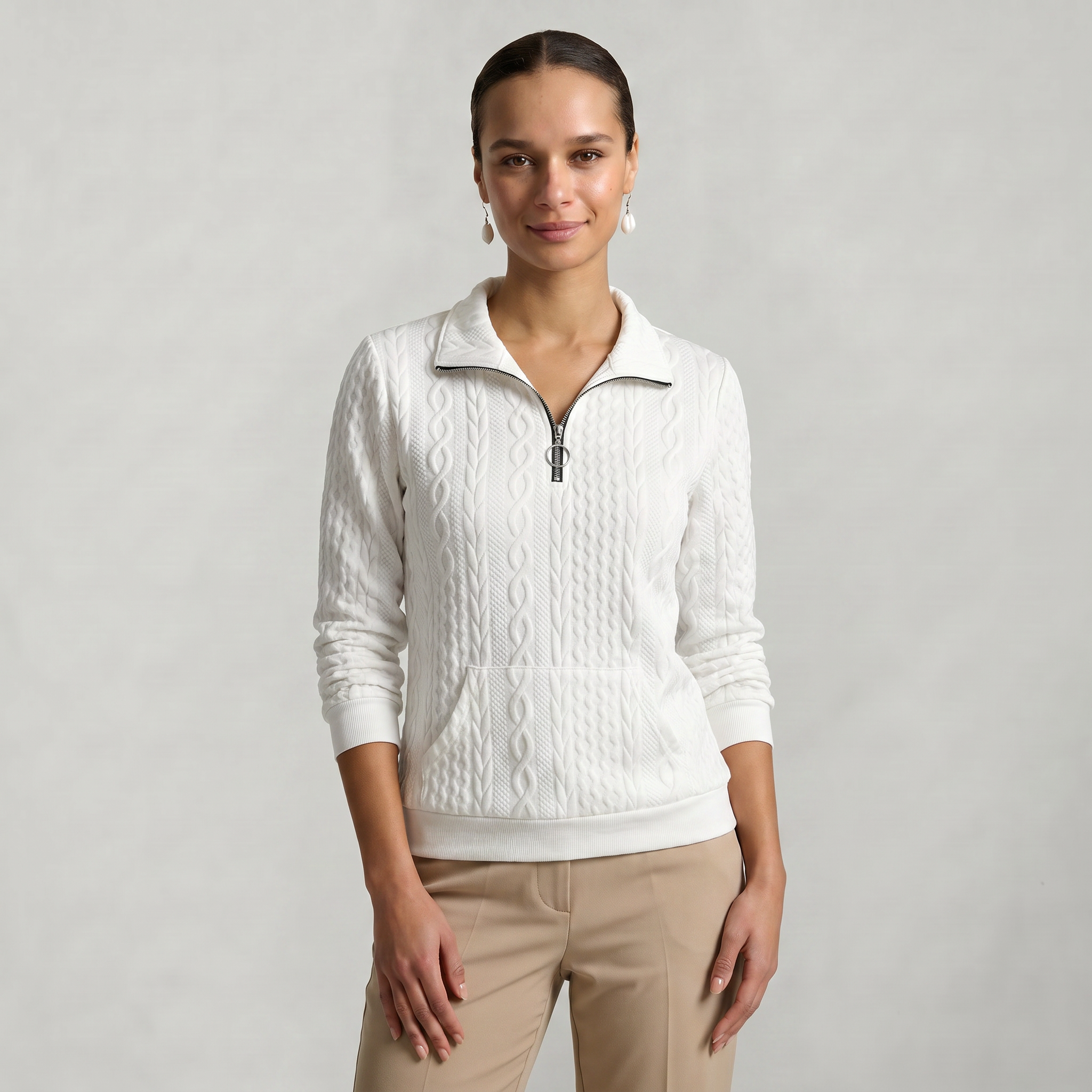 Women’s Quarter Zip Sweatshirt - Cable Knit Long Sleeve Regular Fit