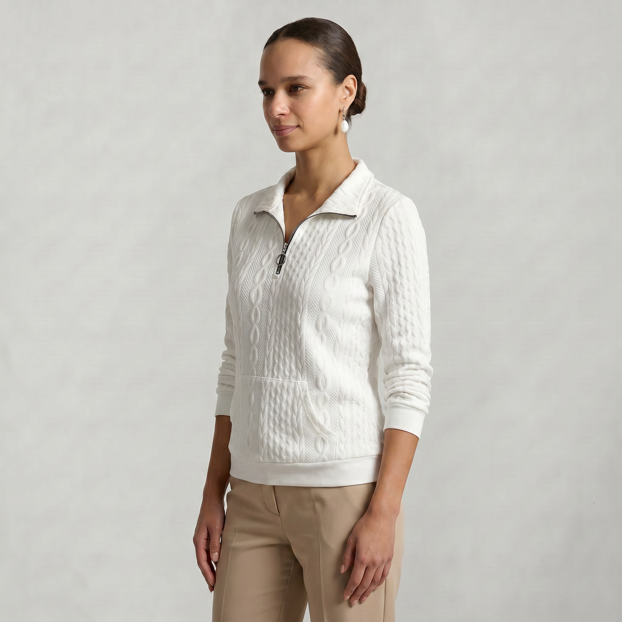 Women’s Quarter Zip Sweatshirt - Cable Knit Long Sleeve Regular Fit