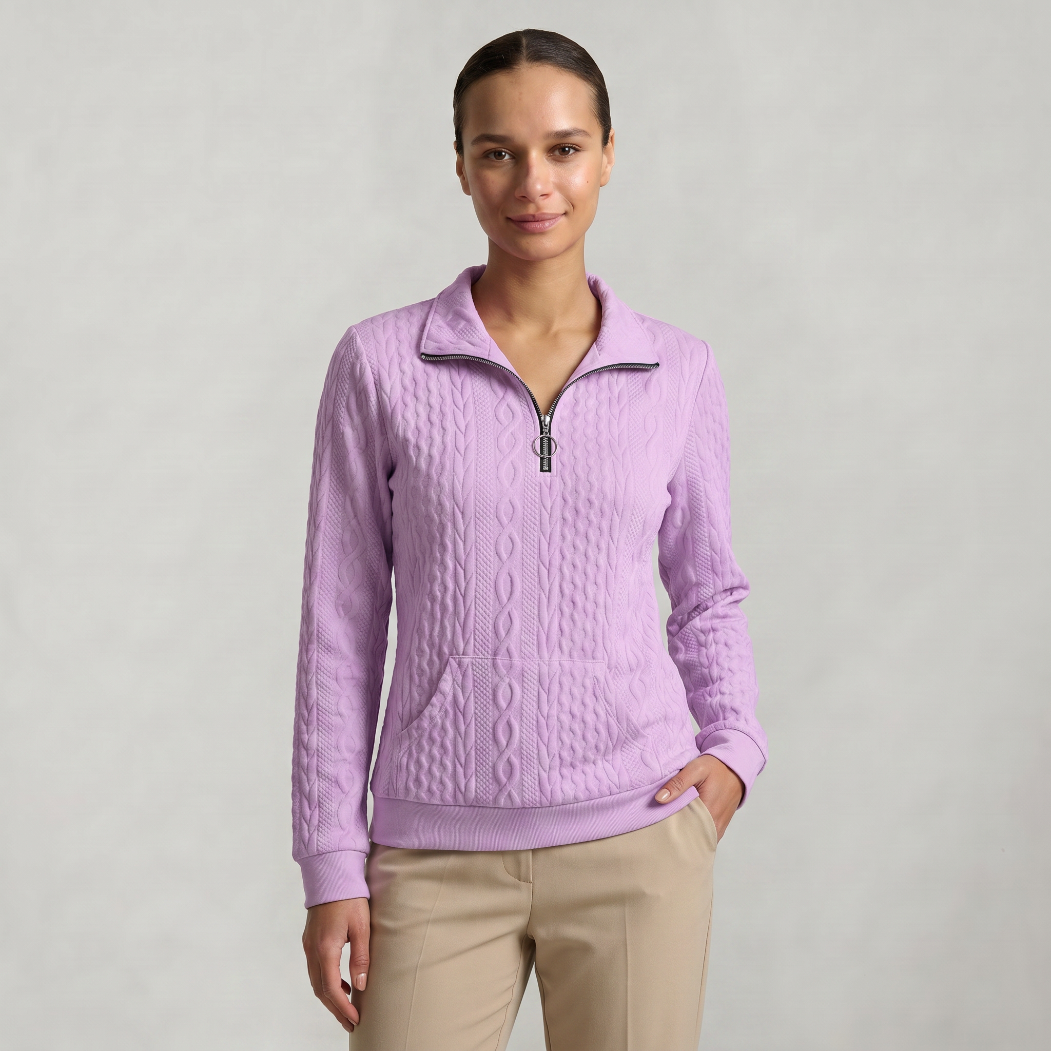 Women’s Quarter Zip Sweatshirt - Cable Knit Long Sleeve Regular Fit