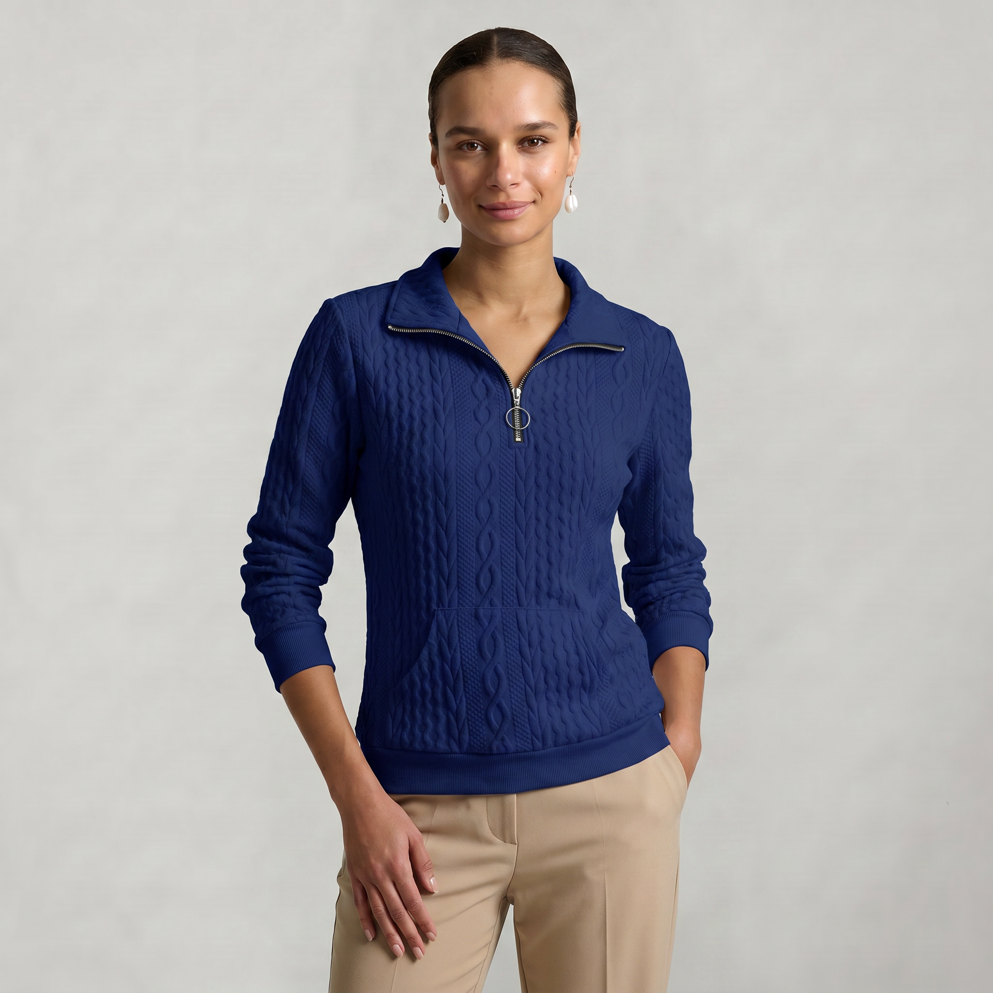 Women’s Quarter Zip Sweatshirt - Cable Knit Long Sleeve Regular Fit